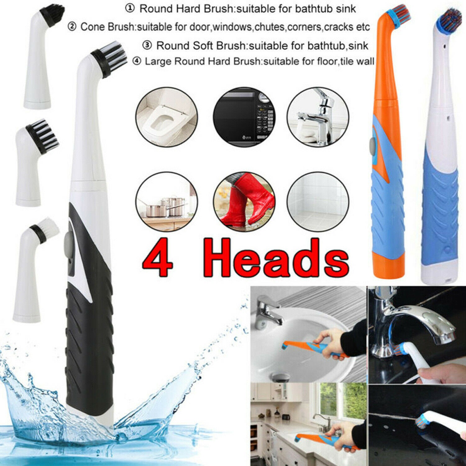 Multifunction Electric Sonic Scrubber Super Cleaning Brush 4 Brush Heads