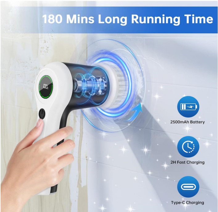 Electric Spin Scrubber, Cordless Cleaner with 6 Heads for Bath/Sink/Window