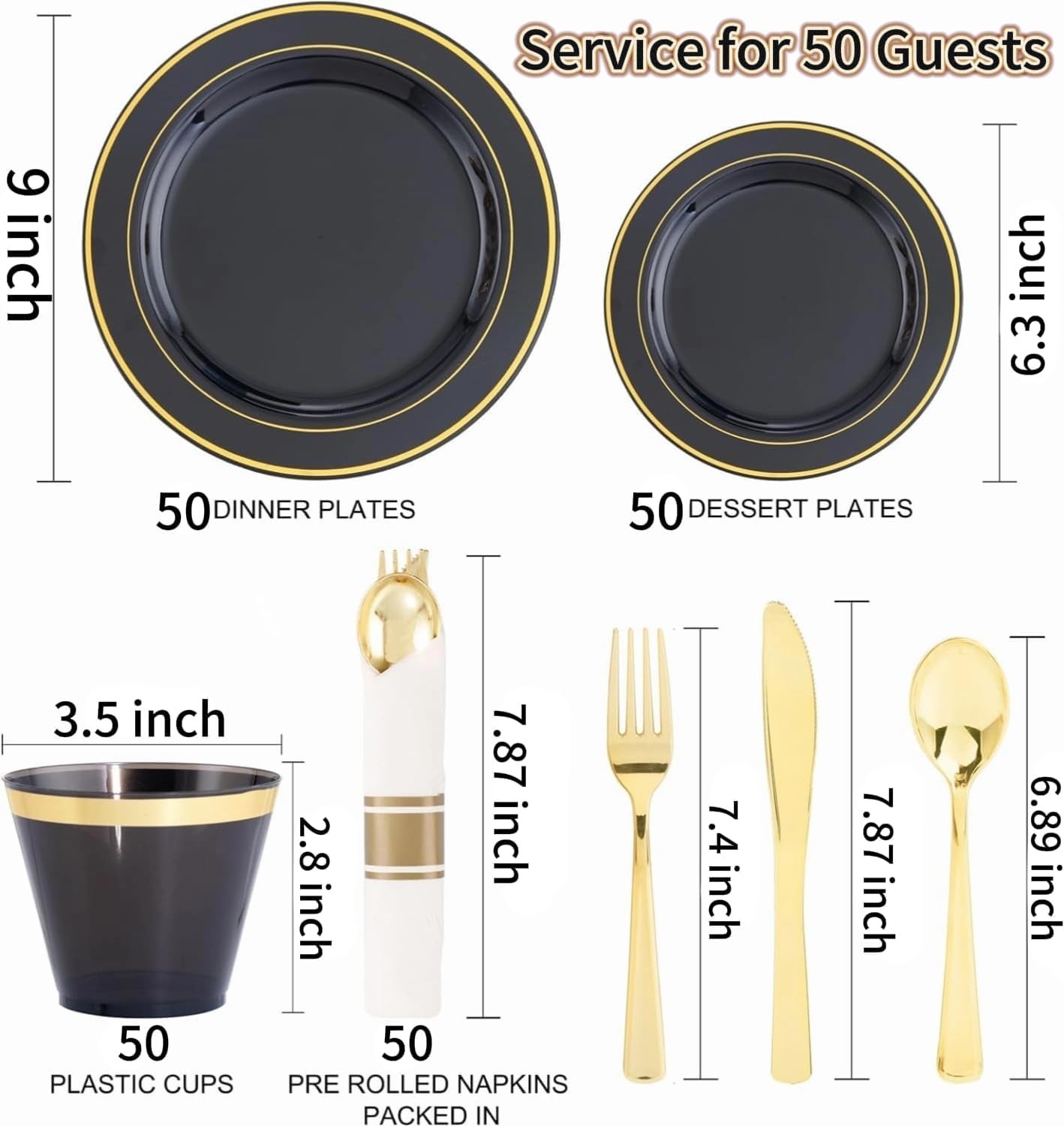 350 Pieces Black and Gold Plastic Plates with Disposable Silverware, Include 5