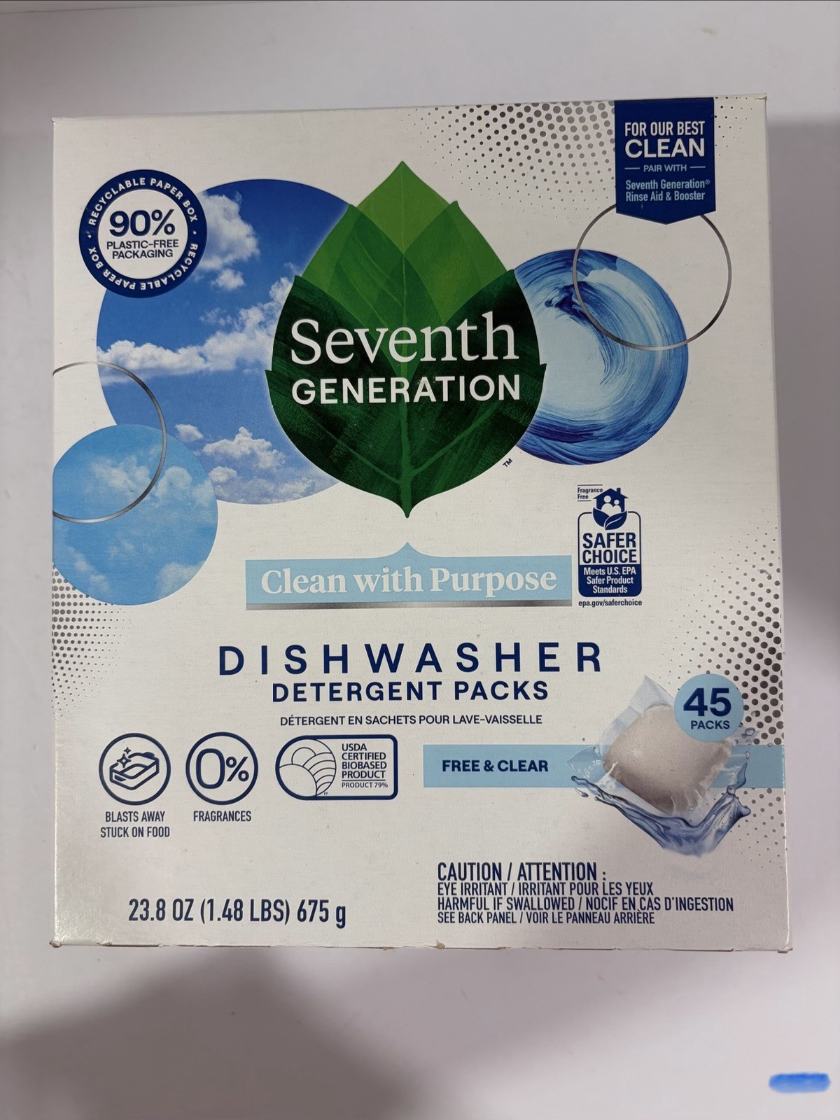 Seventh Generation Dishwasher Detergent Packs, Free & Clear 45 Pk 23.8oz/675 g