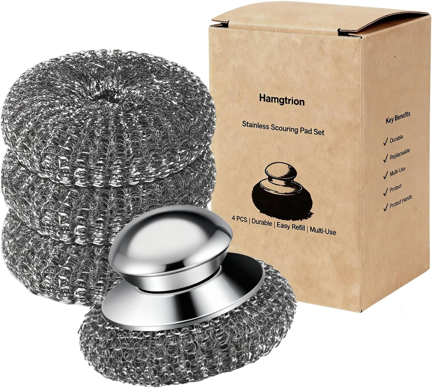 Steel Wool Scrubber, 4-Pack Stainless Steel Scrubber Pads with Handle – the Ulti