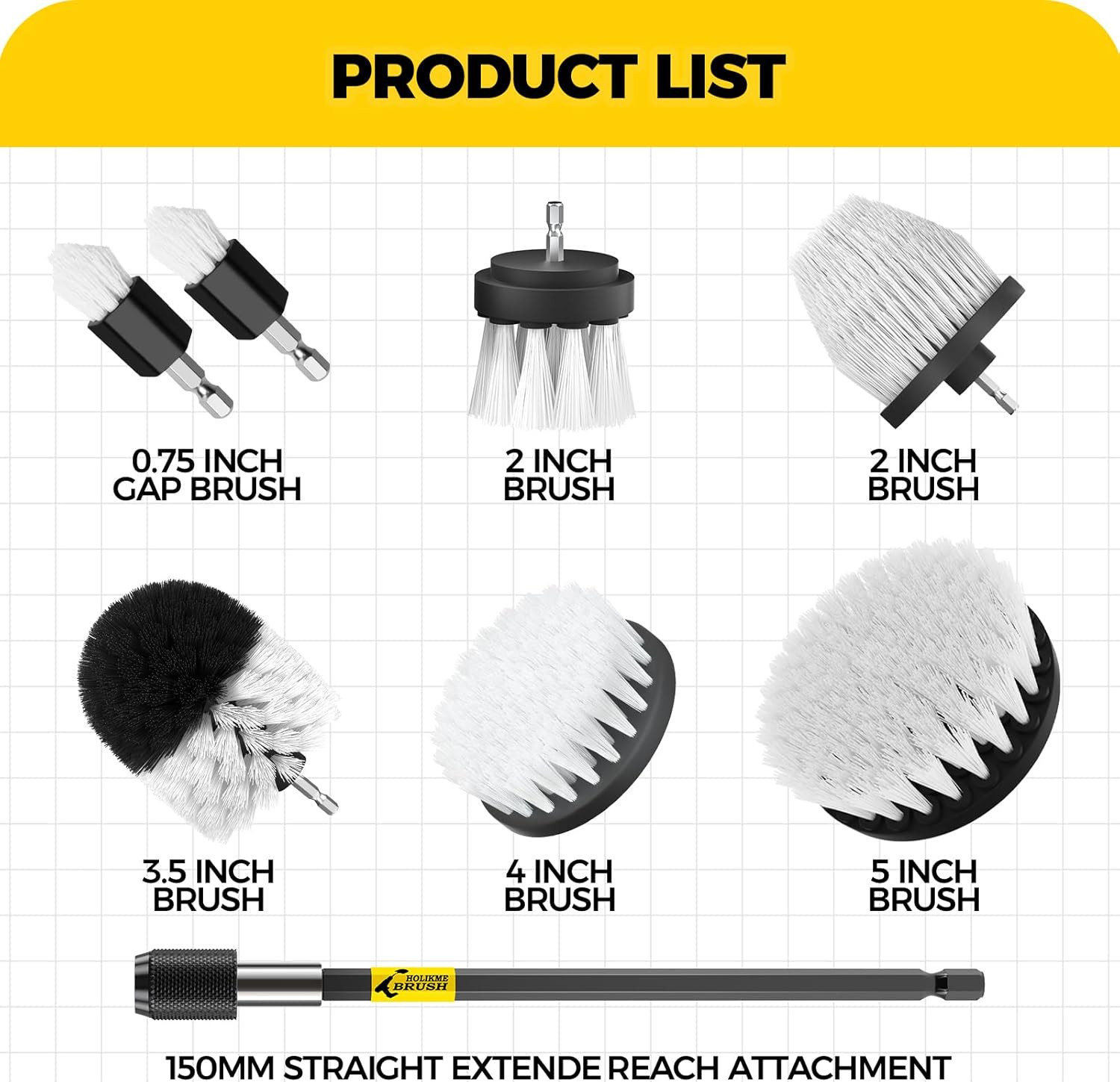Holikme 8 Piece Drill Brush Attachment Set, Power Scrubber with Extend Long Hand