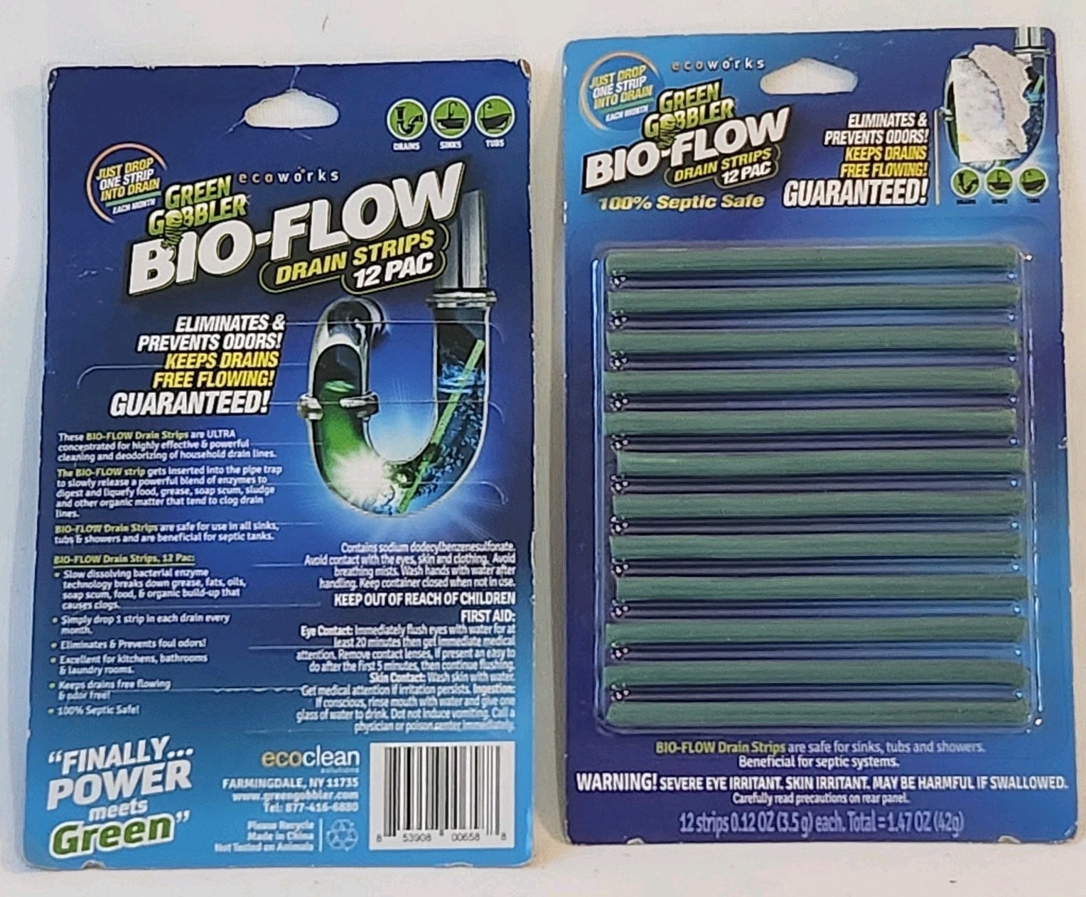 LOT OF 2 Green Gobbler BIO-FLOW Drain Strips Drain Cleaner & Deodorizer