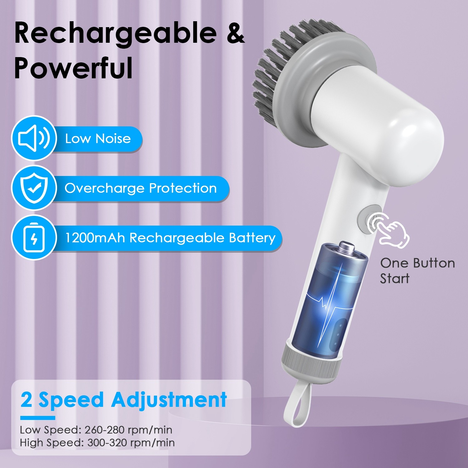 1Set Electric Handheld Spin Scrubber Cordless Cleaning Brush With 2 Rotating Spe