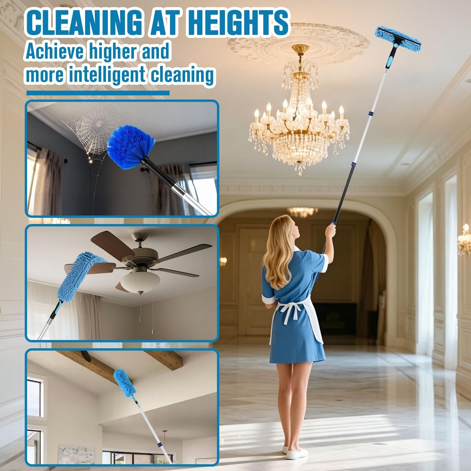 20Ft High Reach Ceiling Fan Duster Kit, Reusable Cobweb Cleaner & Extension Pole