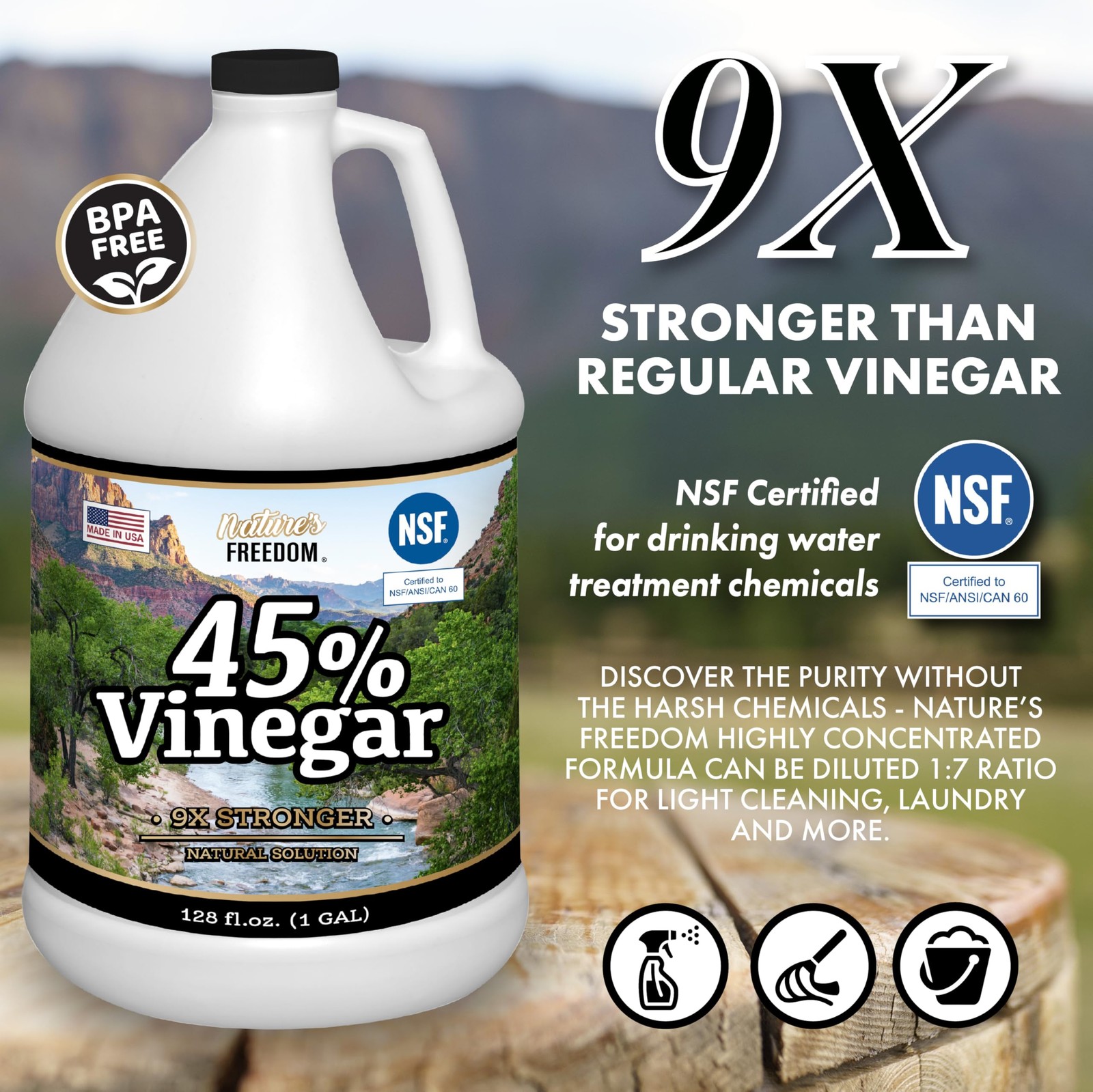 45% Concentrated Vinegar, NSF Certified, 1 Gallon – Dilutes to 9 Gallons – 9x…