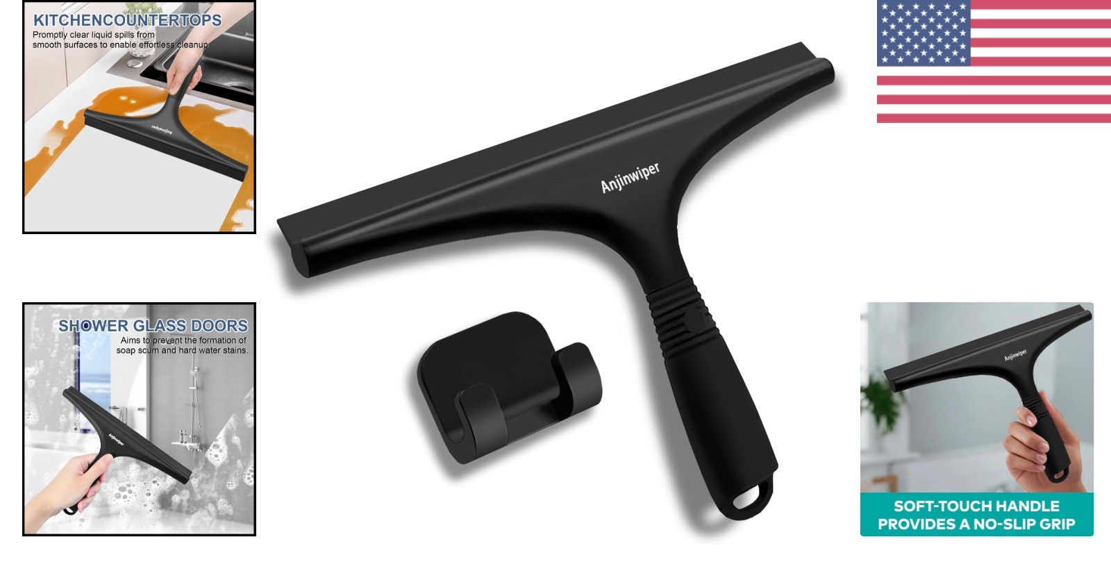 10 Inch Black Shower Squeegee with Silicone Blade for Windows and Mirrors