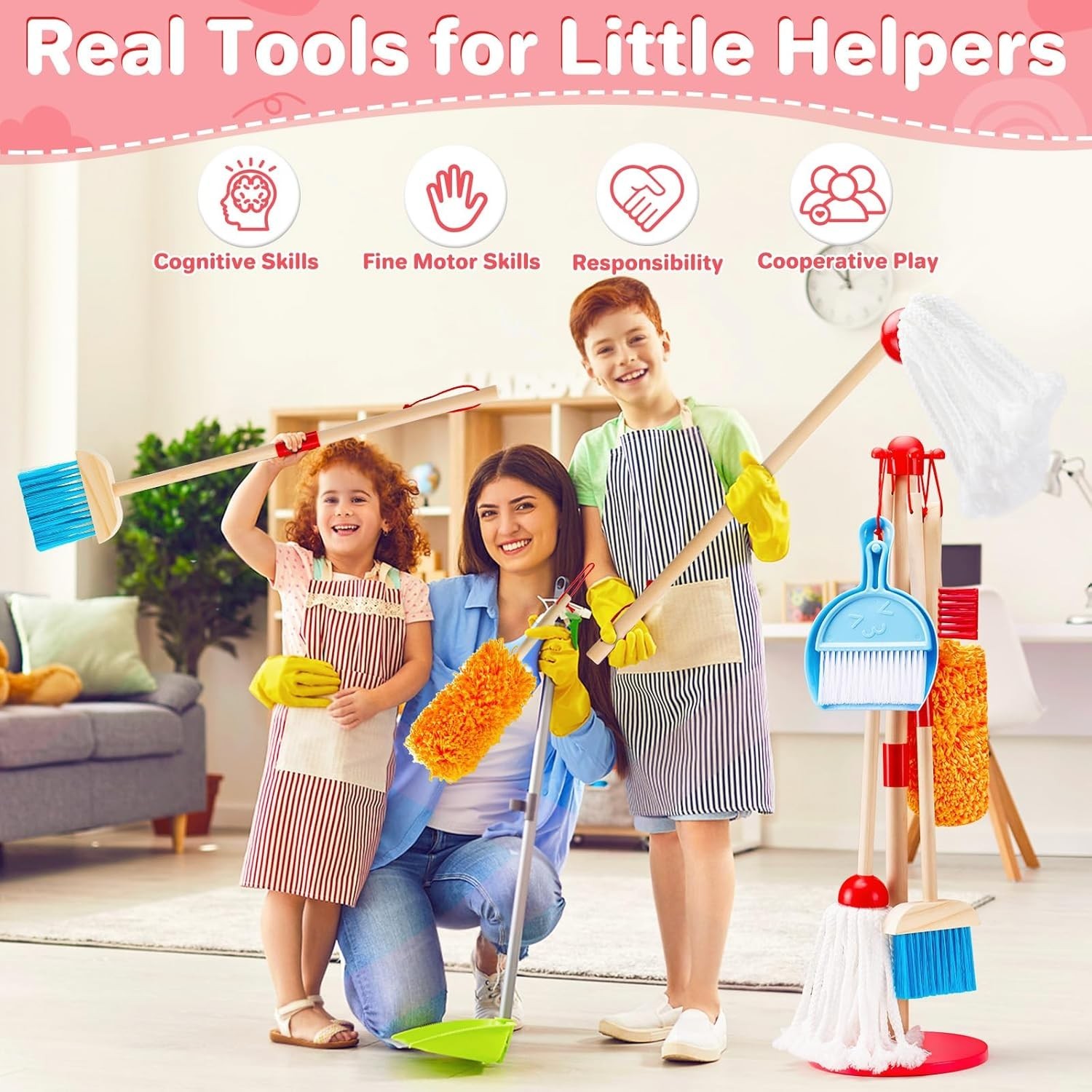 Kids Cleaning Toy Set Wooden Broom and Dustpan 9 Piece Playhouse Housekeeping