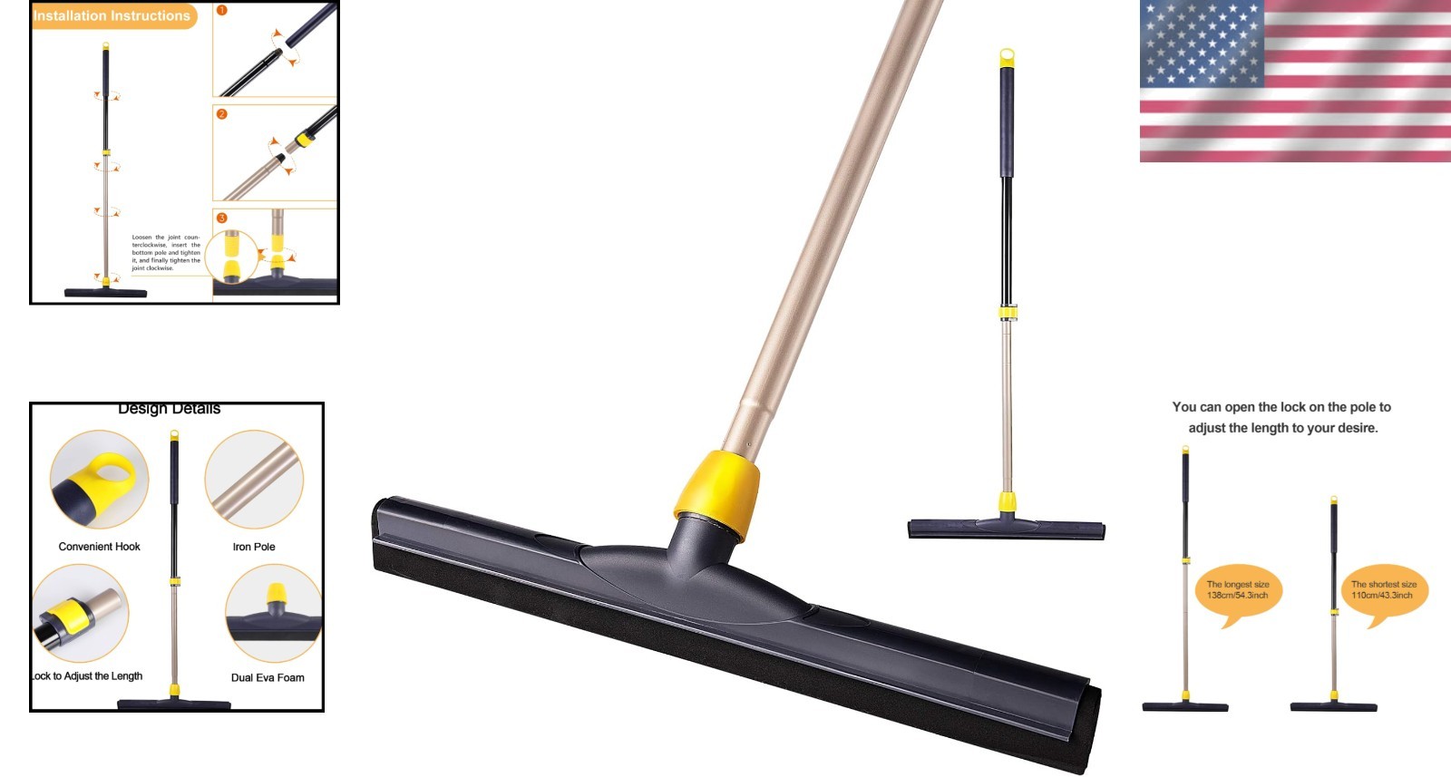 Adjustable Telescopic Floor Squeegee with EVA Foam Blade for Effortless Cleaning