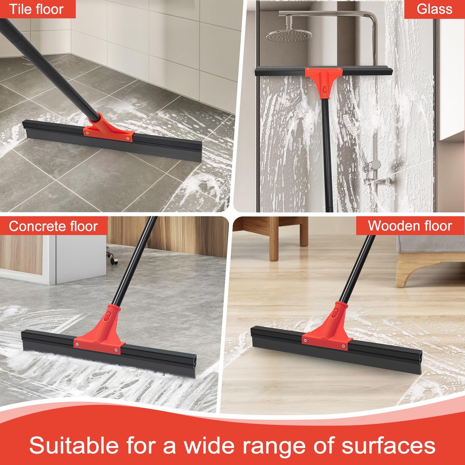 Floor Squeegee with 18” Silicone Rubber Scraper Head and 58” Long Adjustabl…