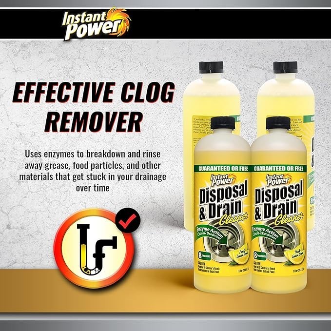 Instant Power Drain Cleaner 4 Pack, Enzyme Clog Remover, Lemon Scent, 1L
