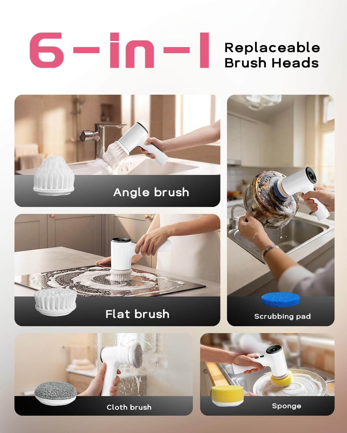 Cordless Electric Spin Scrubber with 6 Brush Heads & Large Battery for Deep Clea
