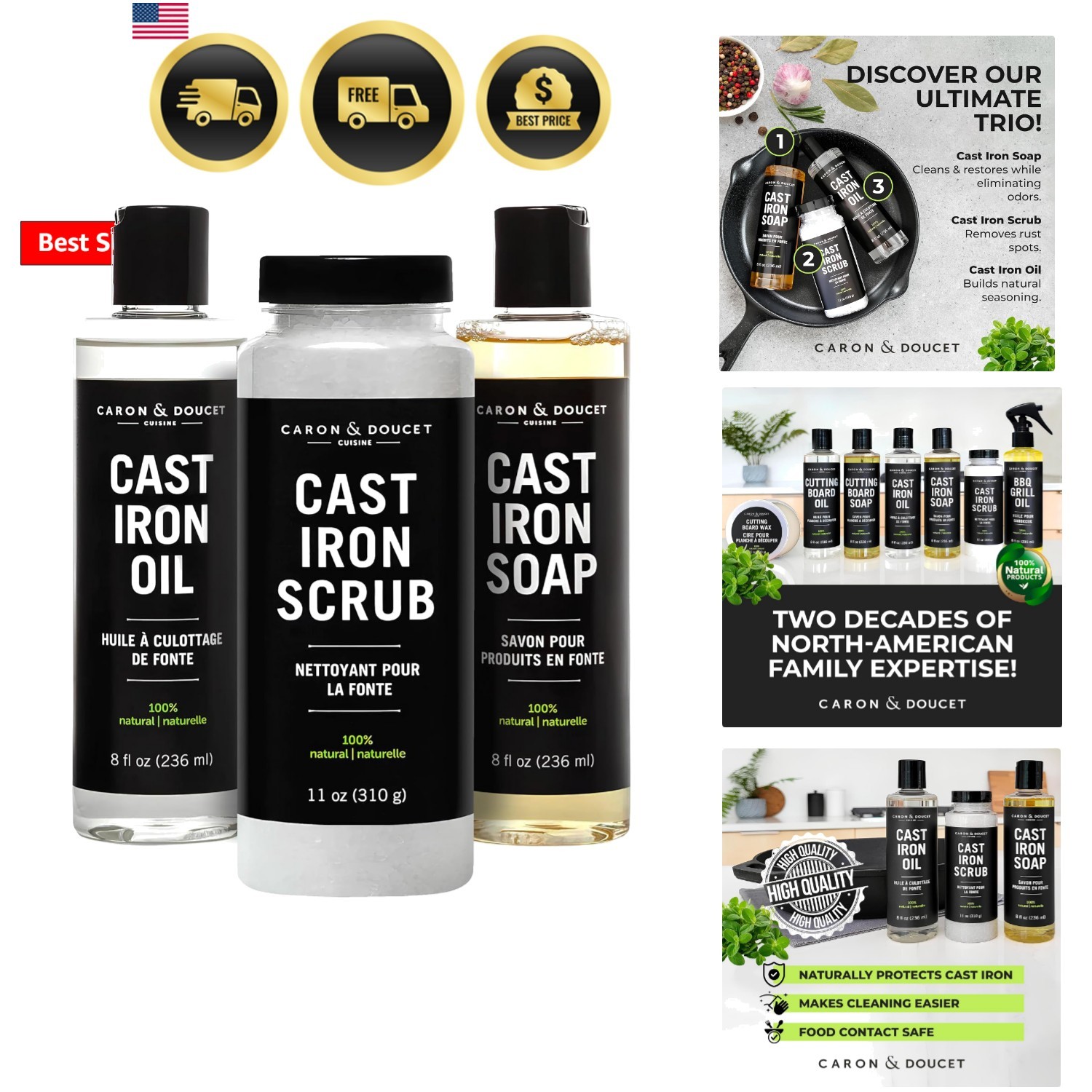 Ultimate Cast Iron Set: Seasoning Oil, Cleaning Soap & Restoring Scrub | 100%…