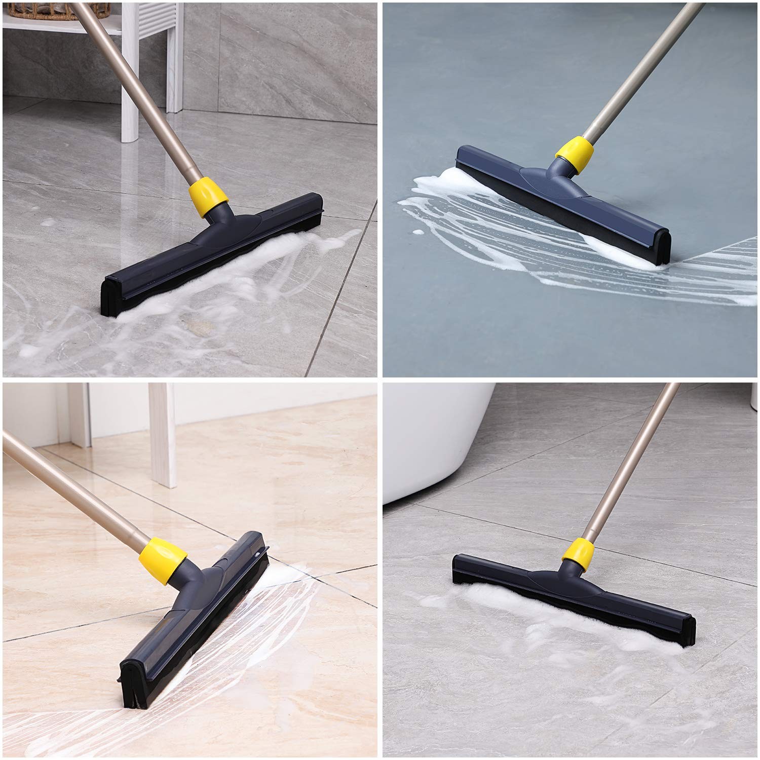 Floor Squeegee Scrubber with Telescopic Pole for Garage, Bathroom, Tile Cleaning
