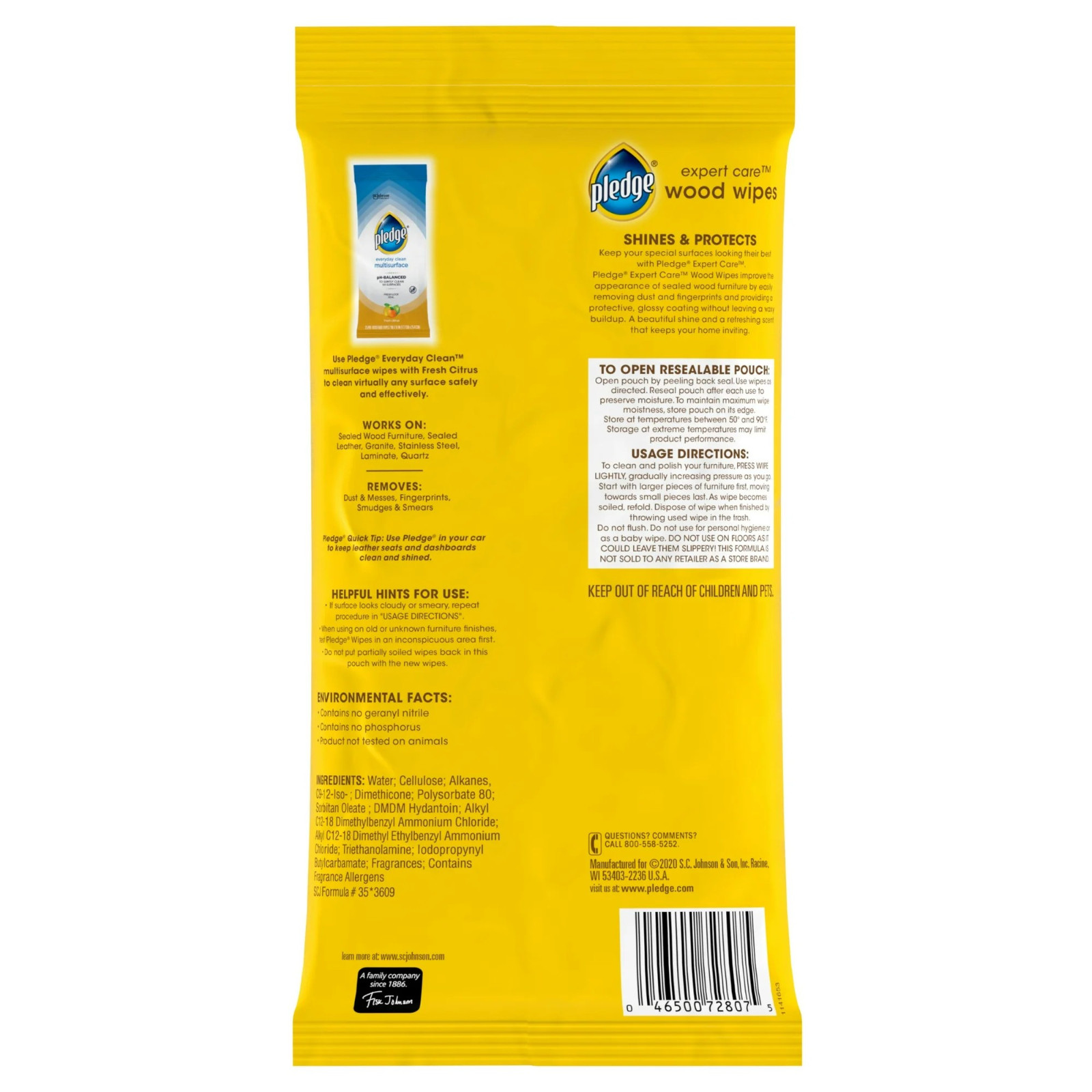 Pledge Expert Care Enhancing Wood Wipes, Lemon Scent, 24 Count 6 Pack