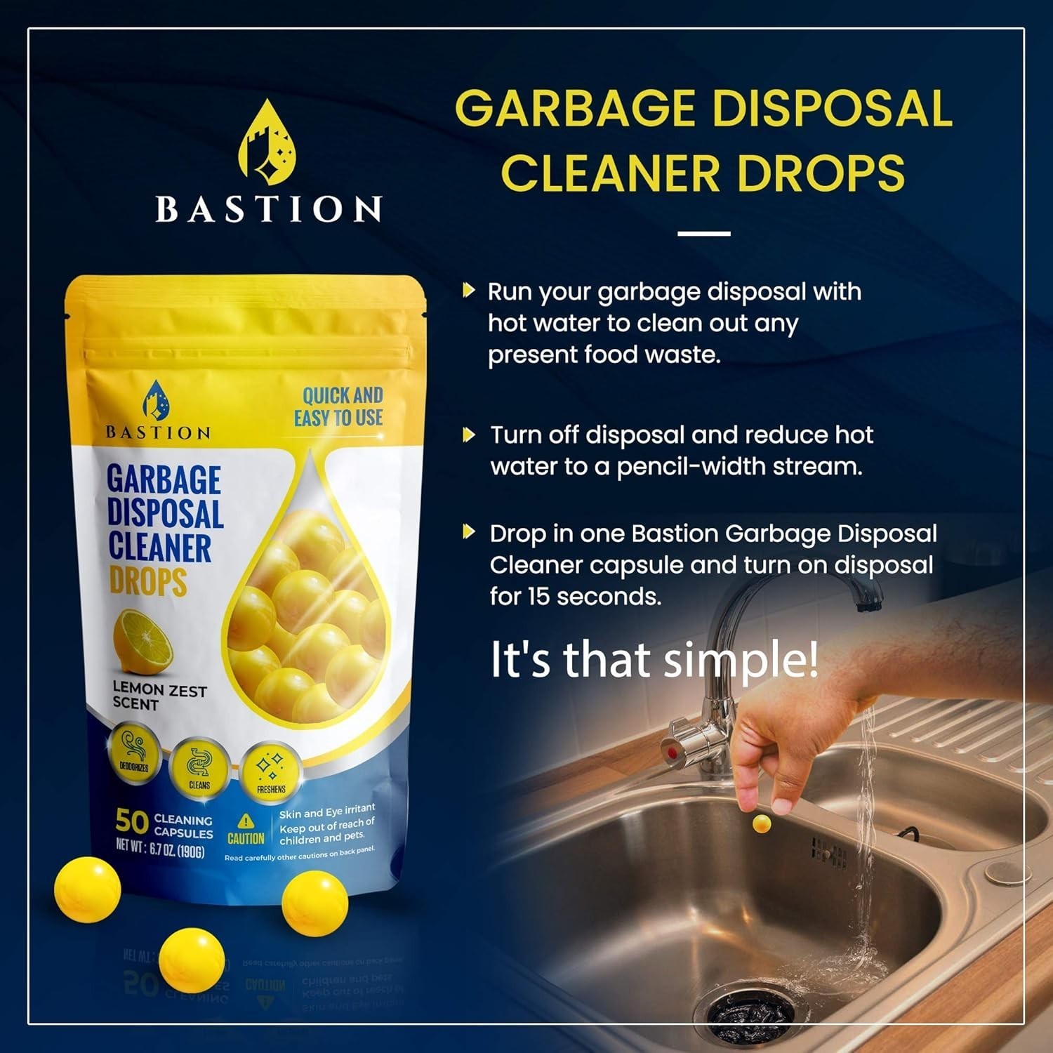 Garbage Disposal Cleaner & Deodorizer Drops- [[50-Count]] Lemon Zest Scented