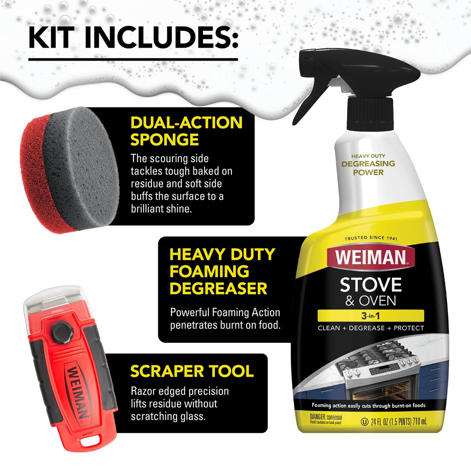 Weiman Heavy Duty Stove and Oven Cleaner 3 Piece Total Clean Kit, For Baked on G