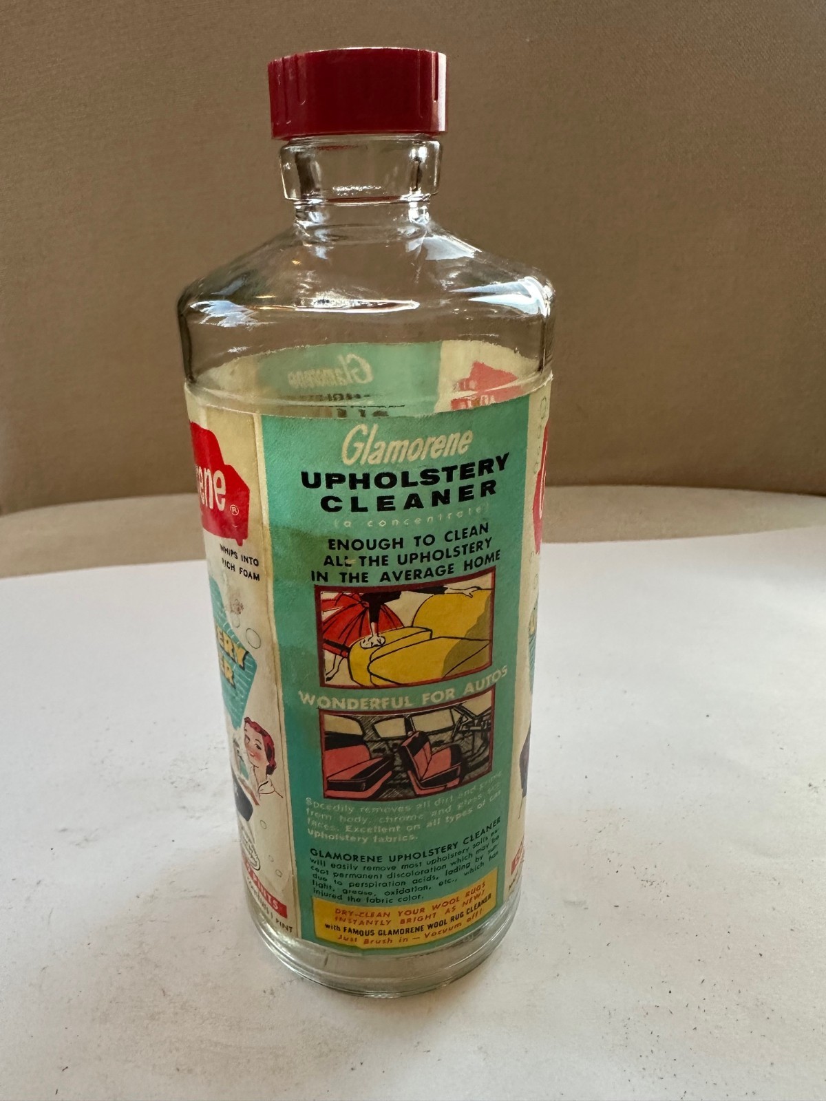 Vintage Glamorene Upholstery Cleaner One Pint Bottle With Lid. No contents.