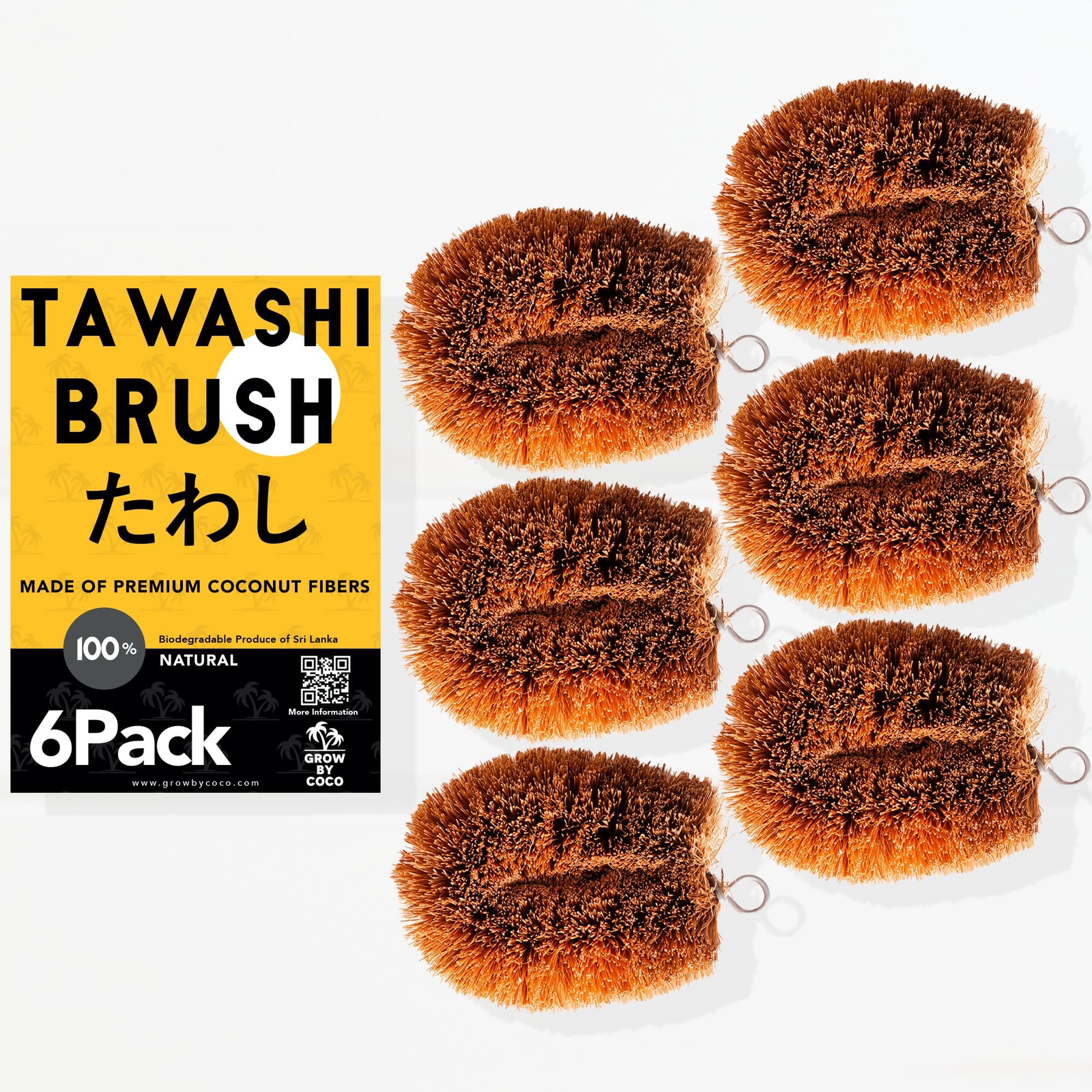 Pack of 6 Tawashi 100% Natural Coconut Coir Fiber Brush, Vegetable Brown