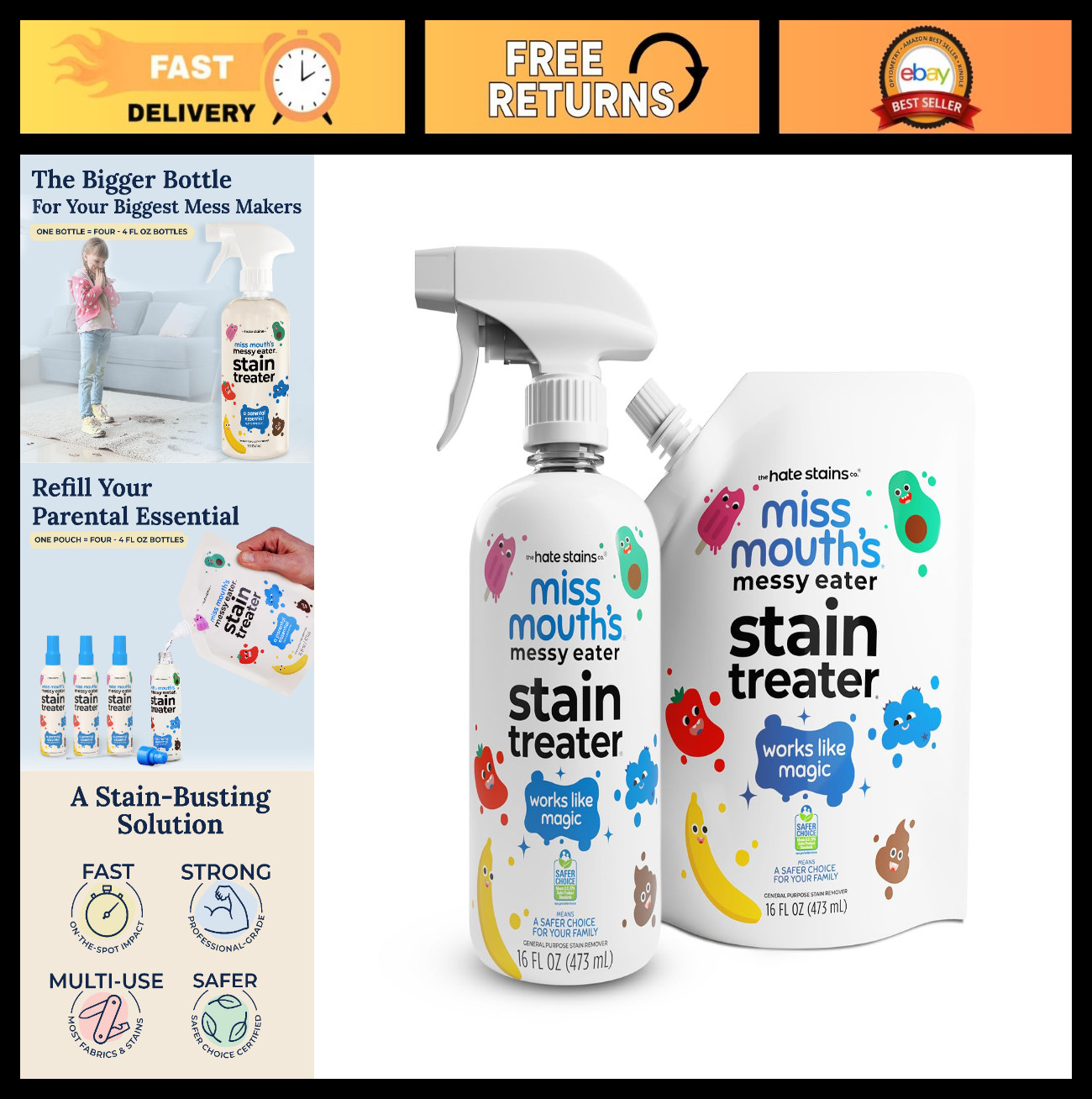 Messy Eater Stain Remover Spray & Refill Pouch – 16oz Each, Tough on Stains