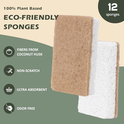 Isshah Plant-Based Kitchen Sponges, Eco-Friendly Sisal Hemp Scrubbers, 12 Count