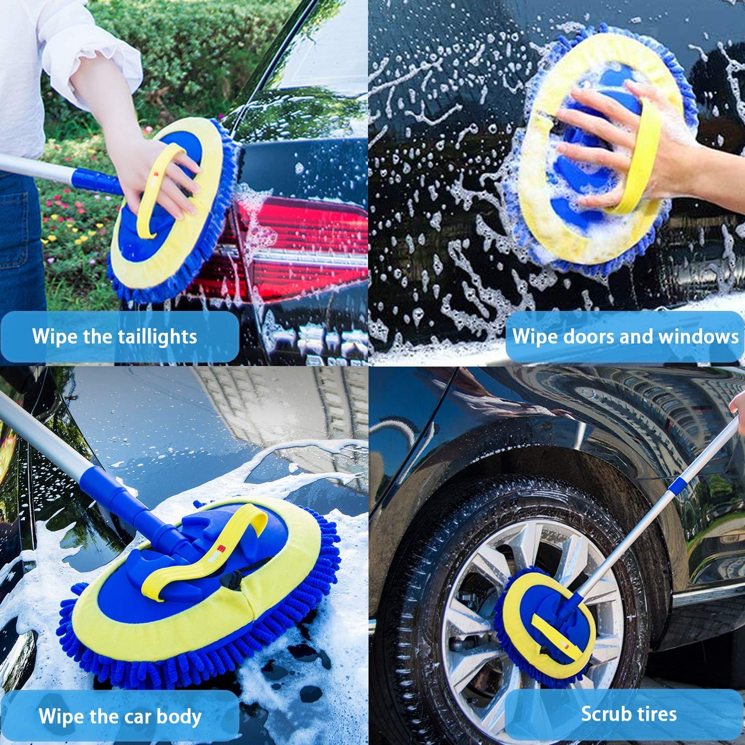 2 in 1 Microfiber Car Wash Mop Mitt with 45″ Aluminum Alloy Long Handle,Cheni…