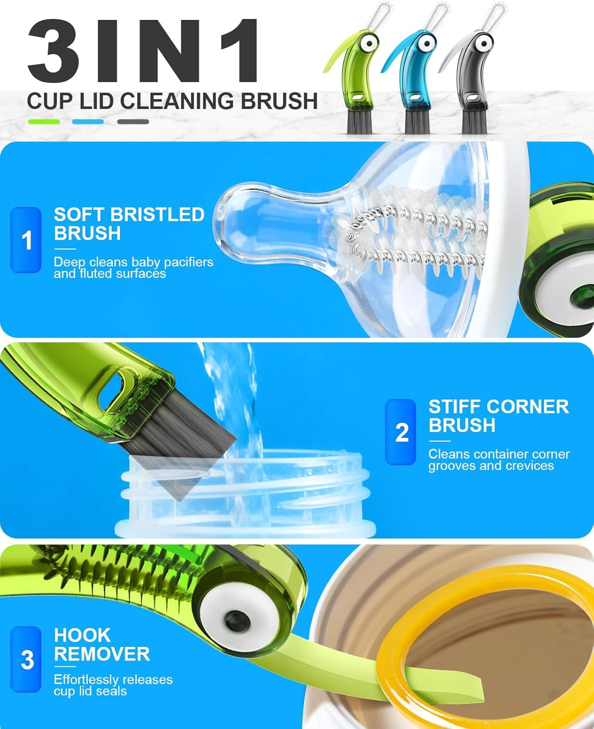 3 in 1 Cup Lid Cleaning Brush 3 PCS – Home Kitchen Multifunctional Cleaning Brus