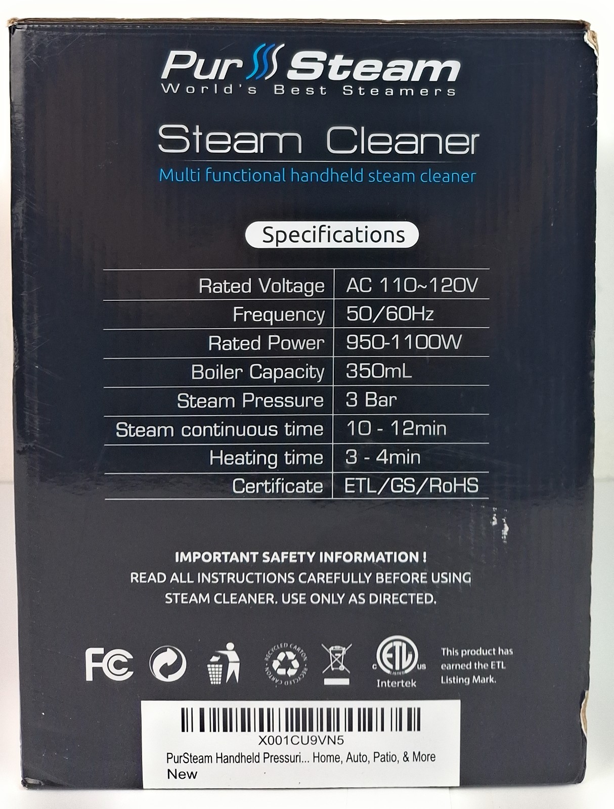 PurSteam Handheld Pressurized Steam Cleaner 9 Tools Car Leather Window PS-581X