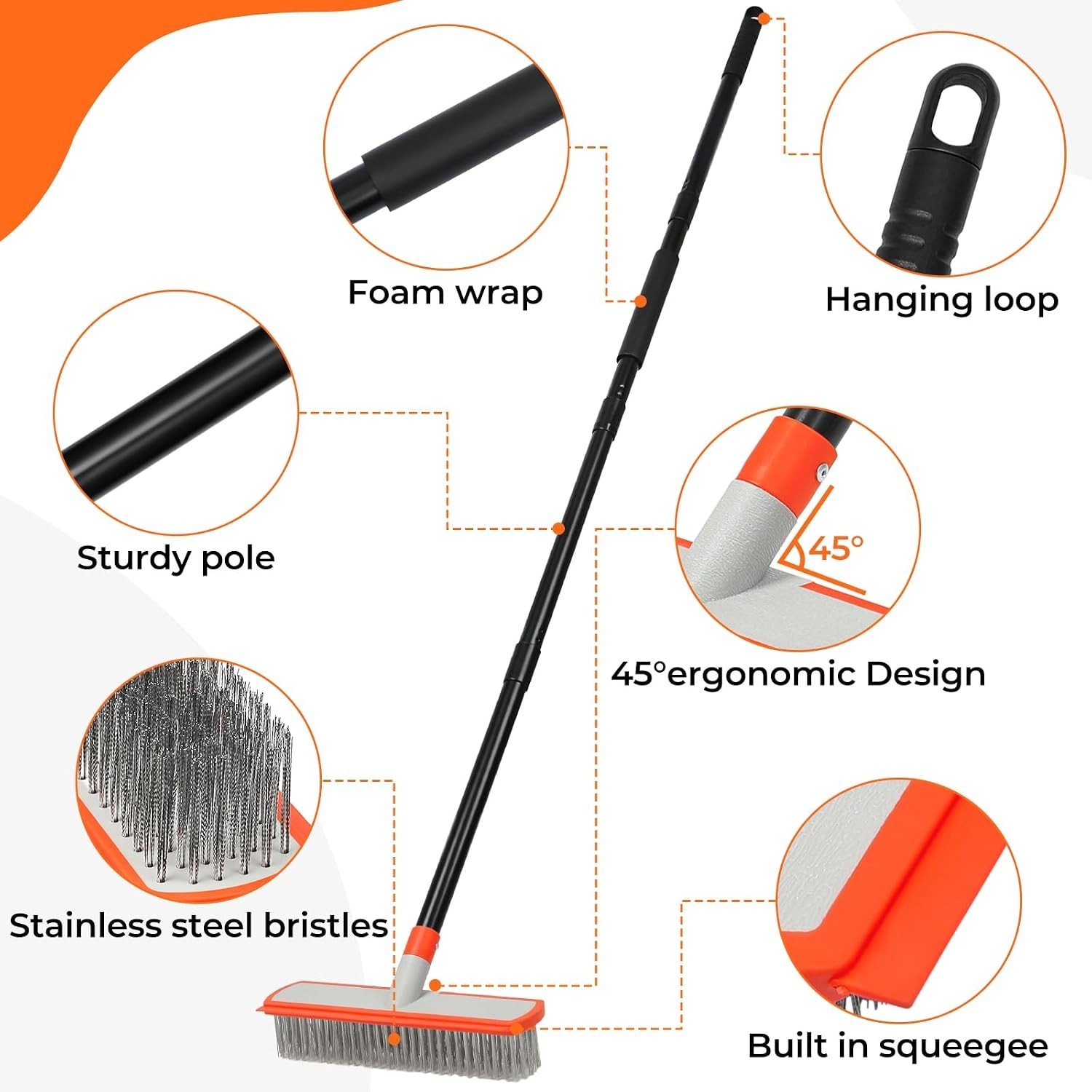 Stainless Steel Concrete Brush with Long Handle – Heavy Duty Deck Brush for C…