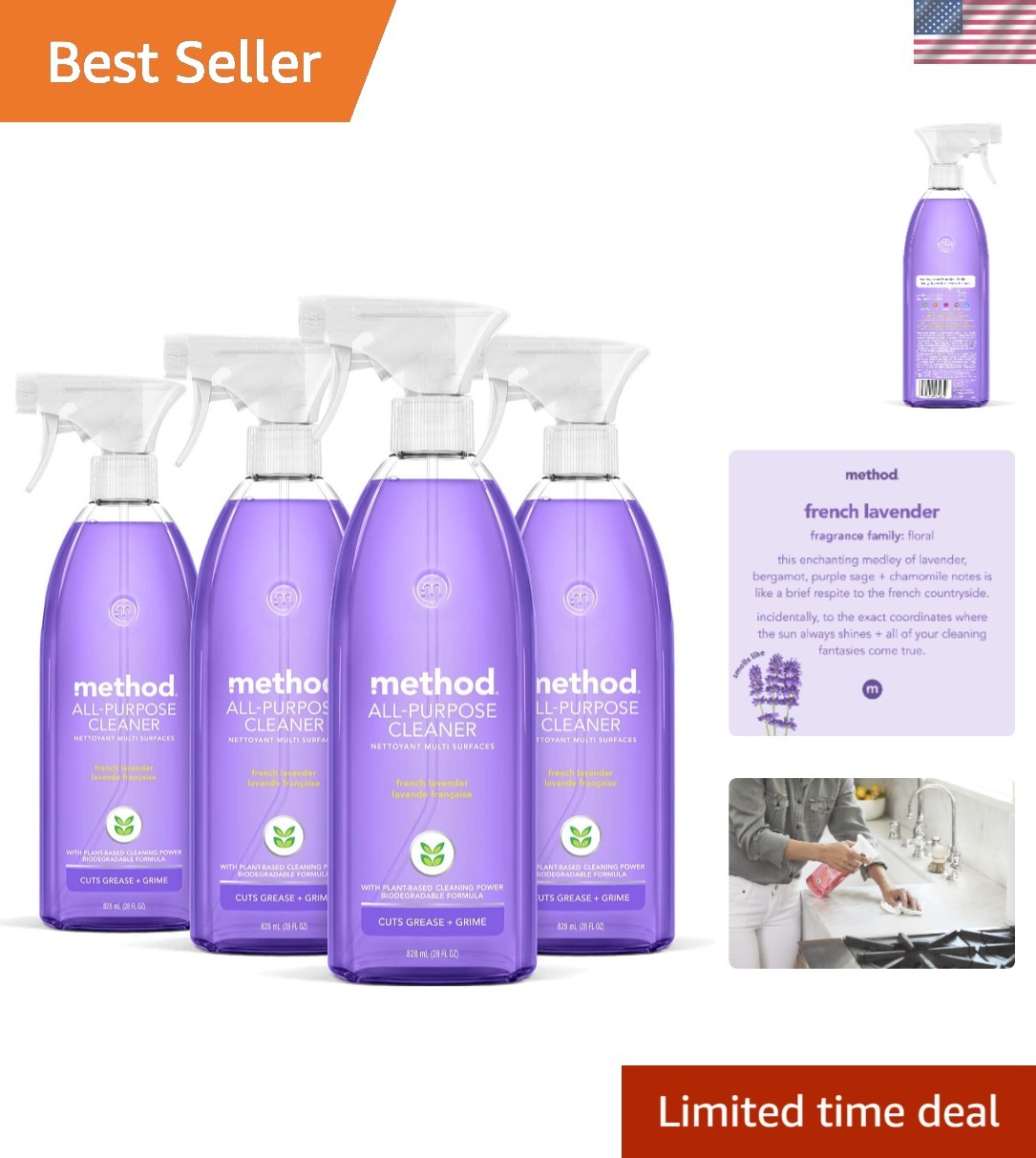 Eco-Friendly All-Purpose Cleaner Spray – French Lavender, 28 Fl Oz (Pack of 4)