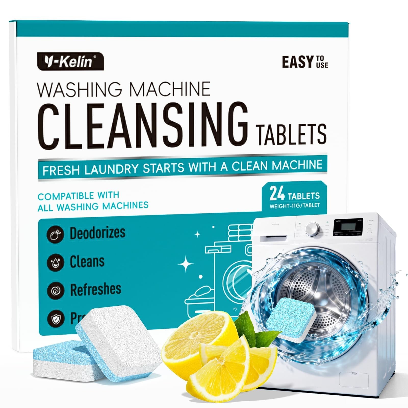 Washing Machine Cleaner Tablets 24 Pack HE Front Top Load Septic Safe Odor Resid