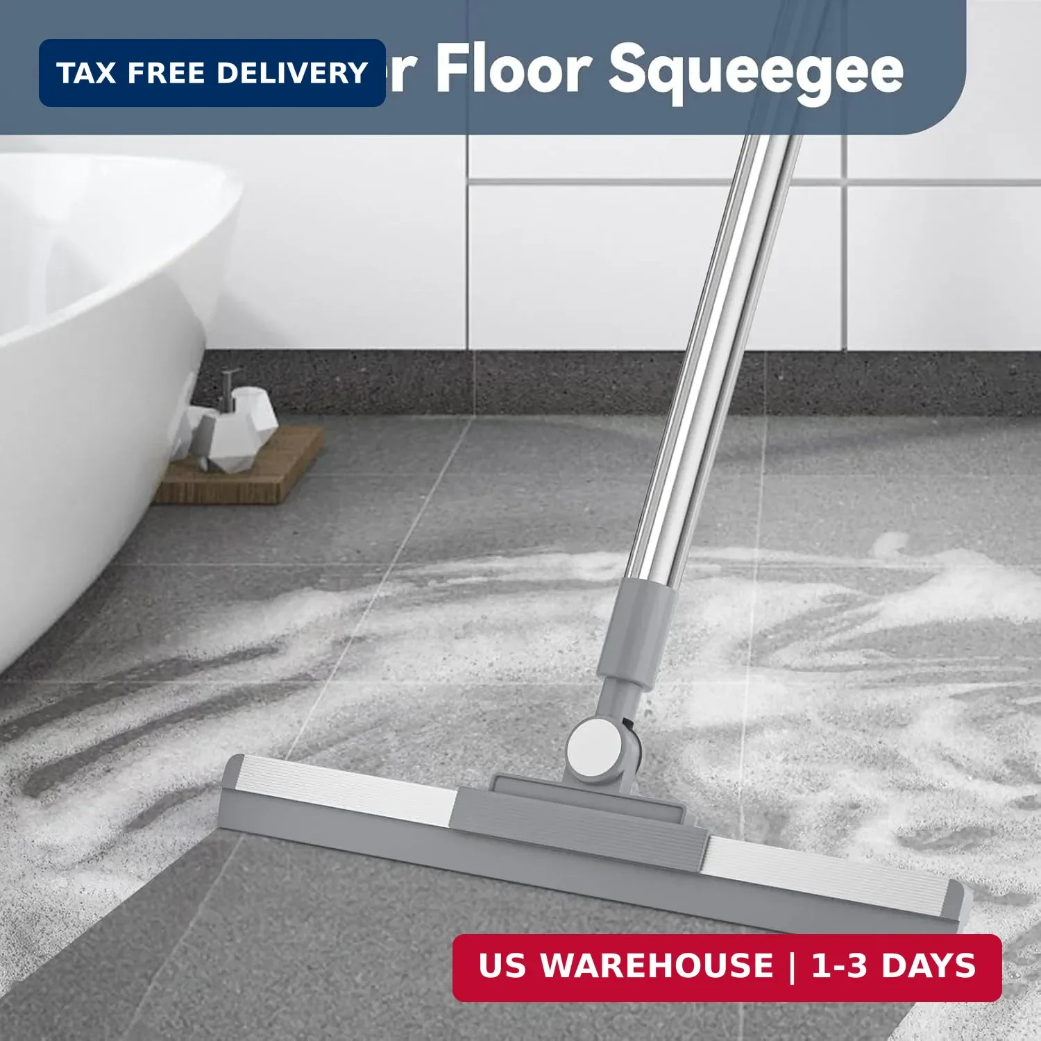 Floor Squeegee with 180° Rotating Head, Squeegee for Floor with 52” Long Handle