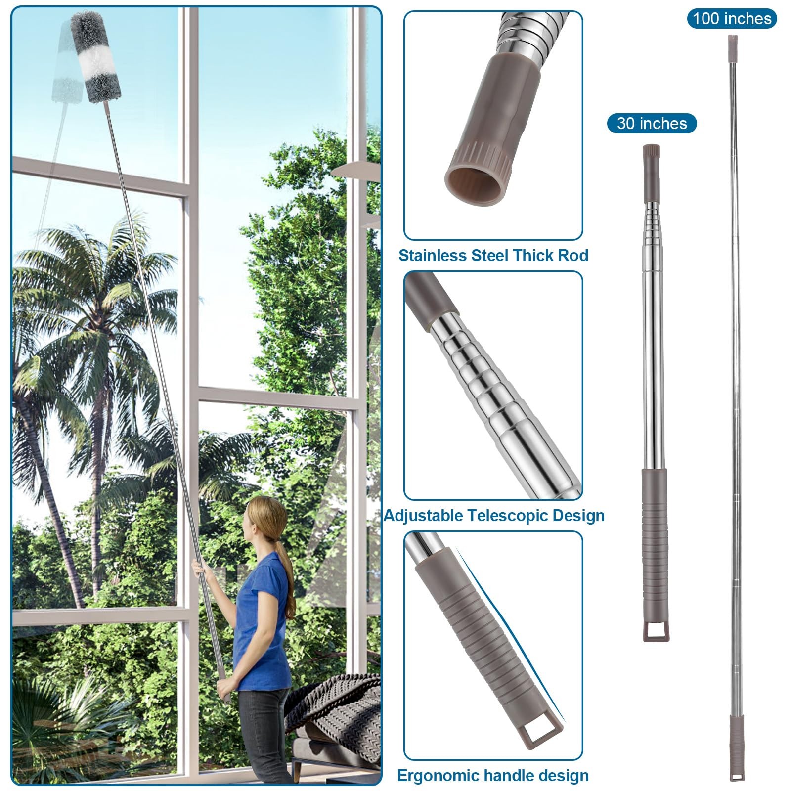 Microfiber Duster 4PCS with Extension Pole(Stainless Steel) 30 to 100 Inches