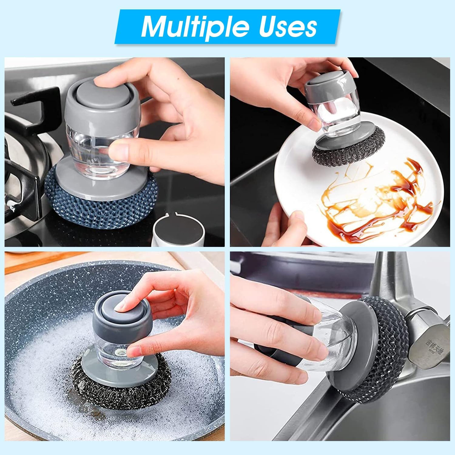 Soap Dispenser Palm Brush Sponge for Kitchen Sink Pan Pot Oven & Other Dish