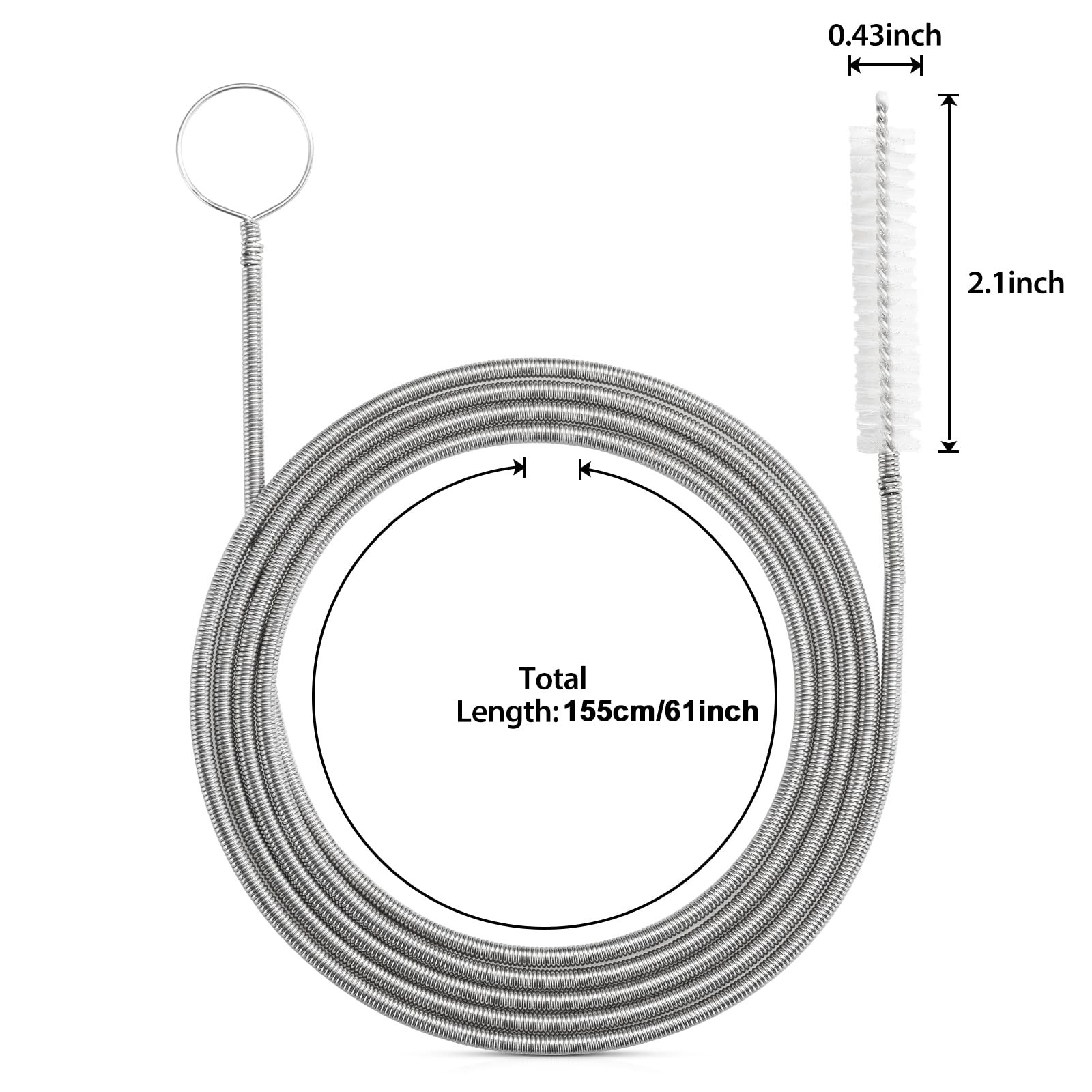 Drain Brush with Stronger Spring 61-Inch Stainless Steel and Nylon Pipe Cleaner