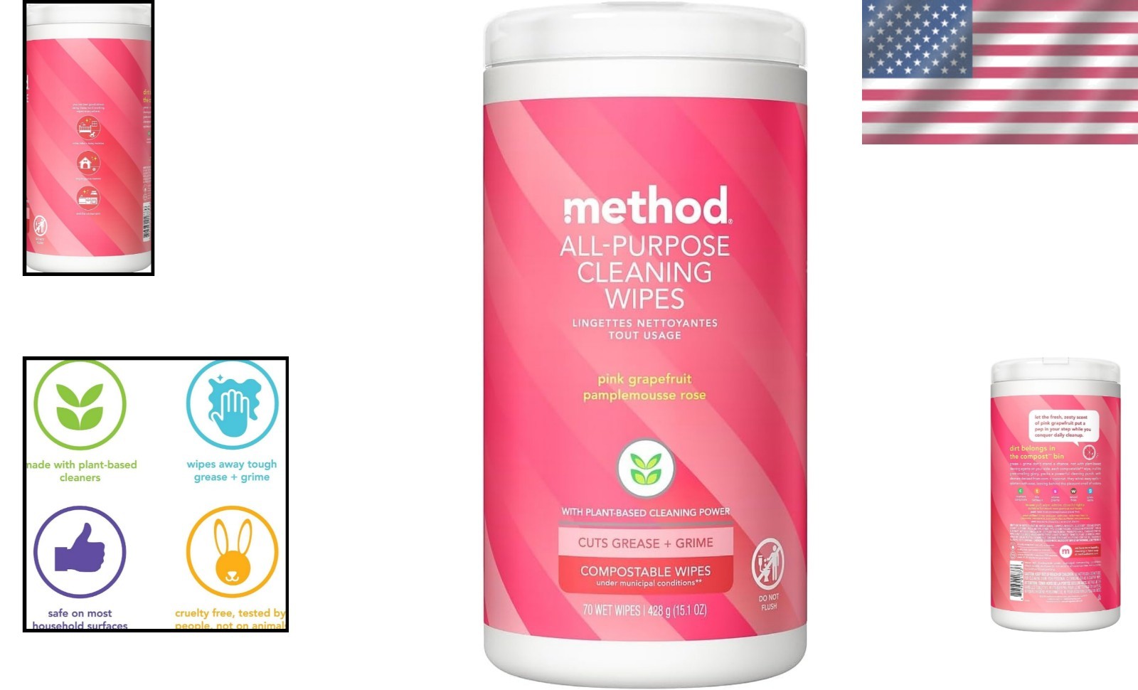 Cruelty-Free Multi-Surface Cleaning Wipes – Pink Grapefruit, 70 Count Canister