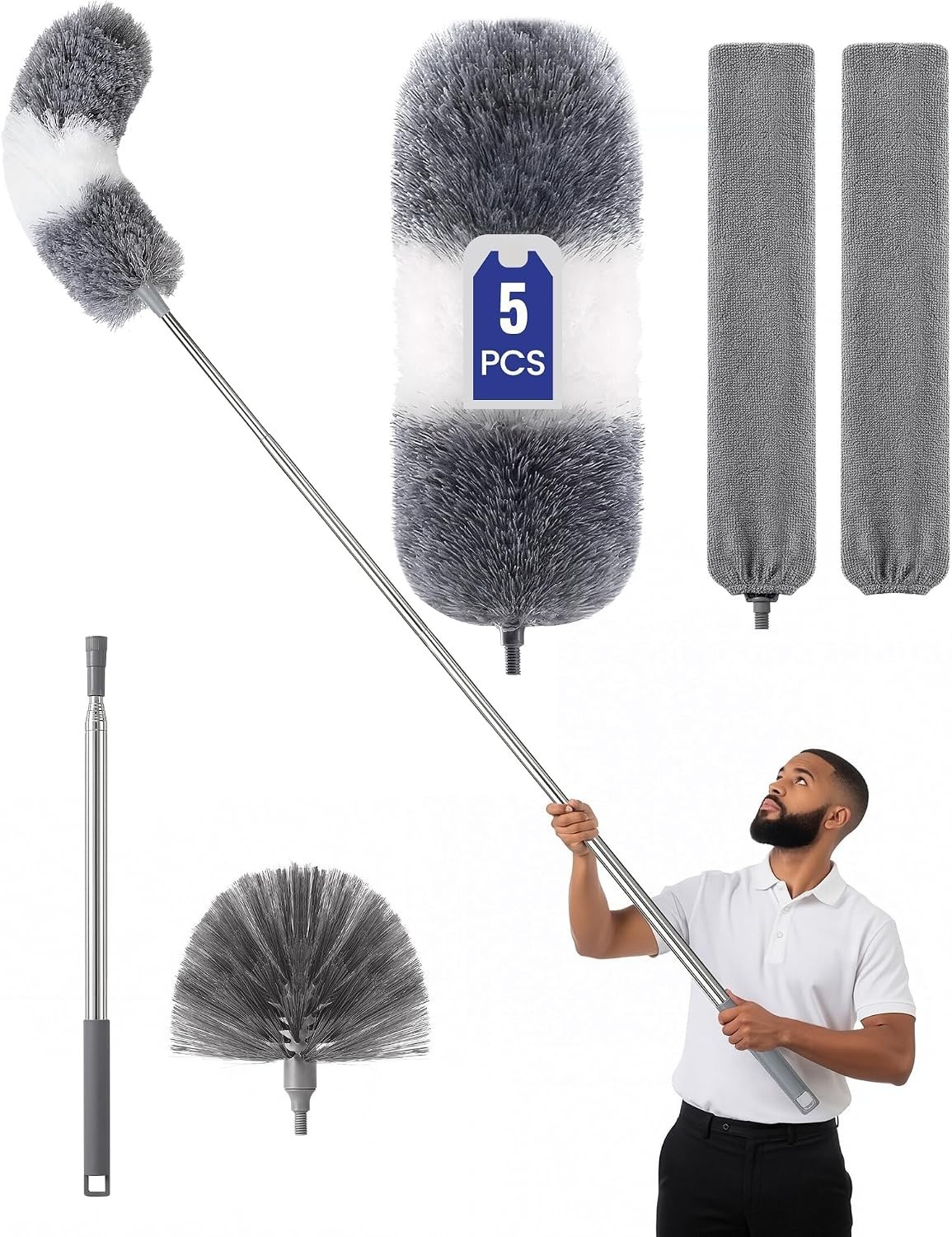 Extra-Long Dusters Kits with Extension Pole, 5 in 1 Cleaning Tools with Exten…