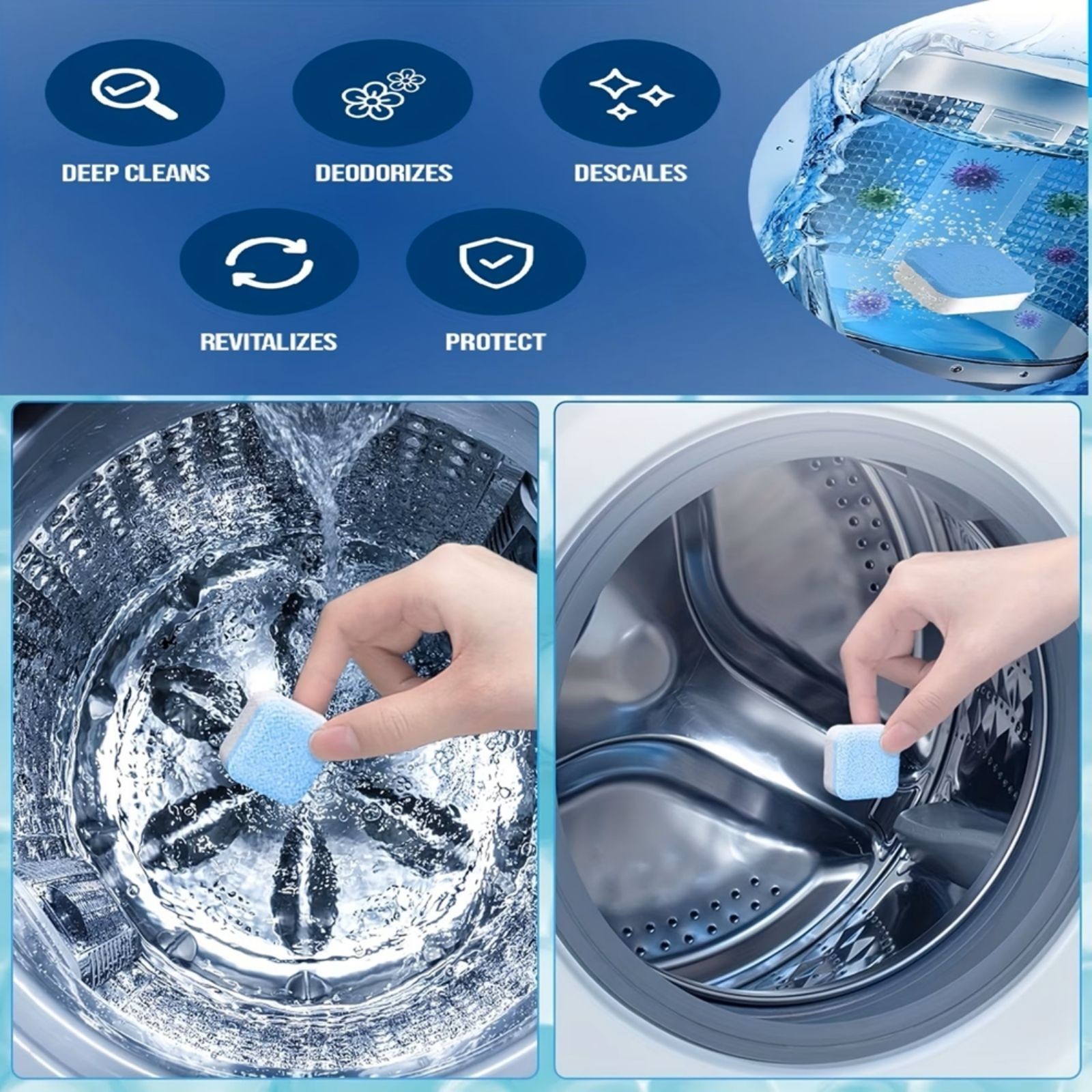 Washing Machine Cleaner Tablets Descaler for HE Front & Top Load Washer Deep