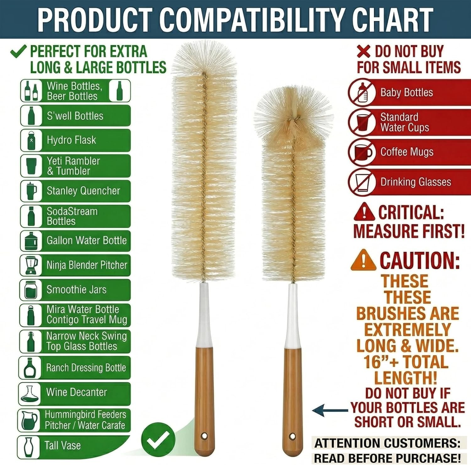 Extra Large Long Bottle Brush Set – 16″ / 15″ Long Bamboo Handle Bottle Clean…