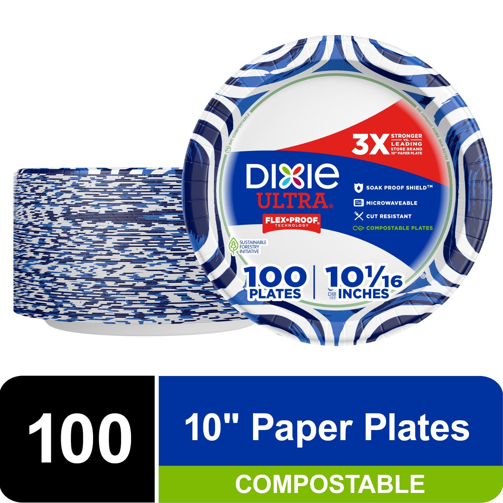 Dixie Ultra Compostable Paper Plates, 10 in, 100 Count, 3X Stronger, Multicolor