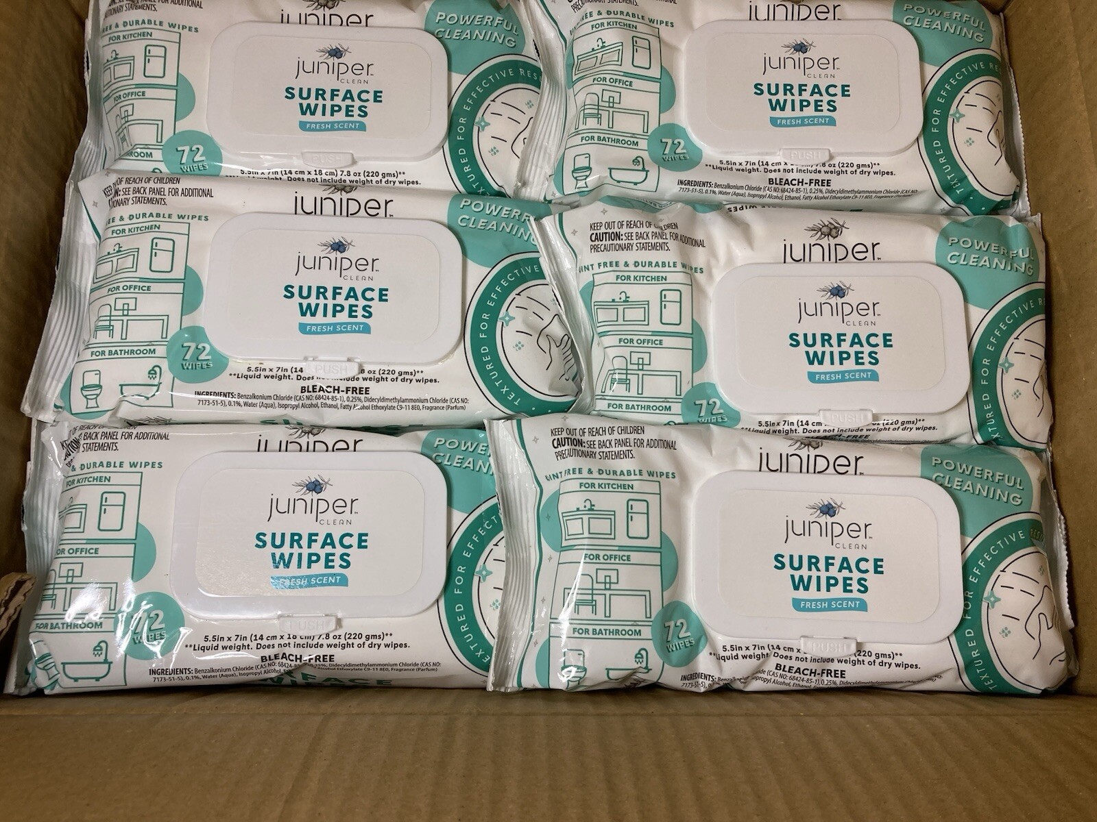 864-JUNIPER CLEAN SURFACE WIPES FRESH SCENT POWERFUL CLEANING WBLEACH 12pks