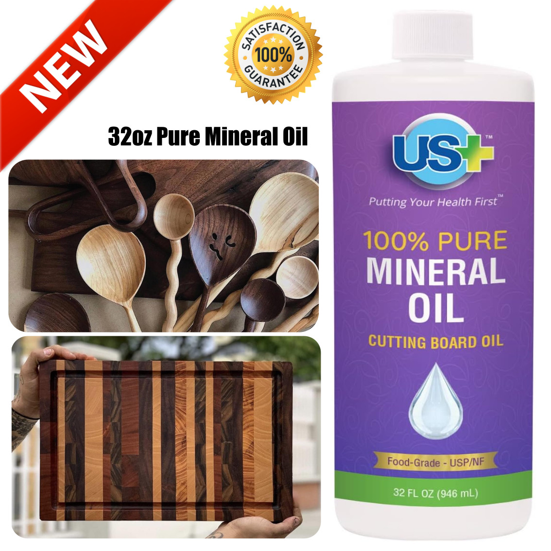 32oz Pure Mineral Oil – Cutting Board Oil – USP Food-Grade – Wood Cutting Board