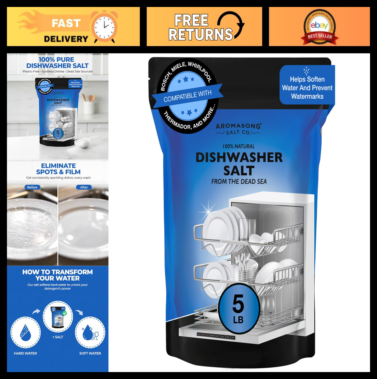 Natural Dishwasher Salt 5 LB – Water Softening Agent for Cleaner Dishes & Washer