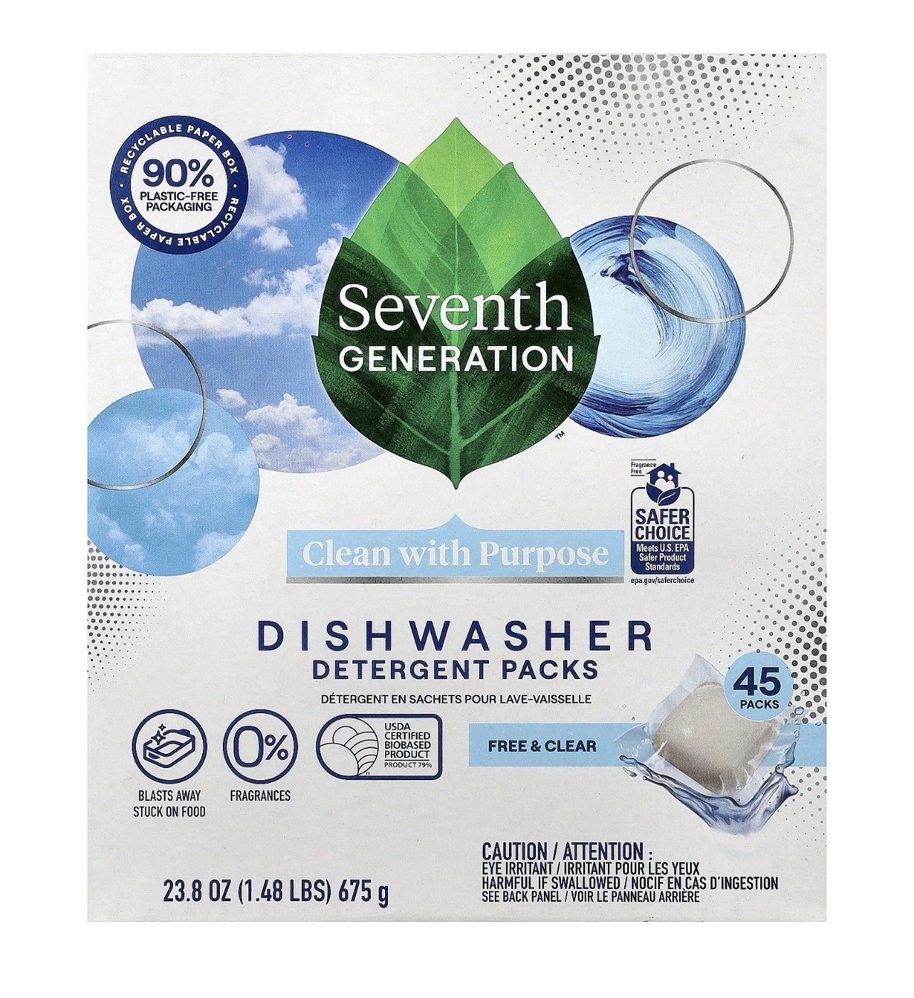 Dishwasher Detergent Packs, Free & Clear, 45 Packs, 23.8 oz (675 g)
