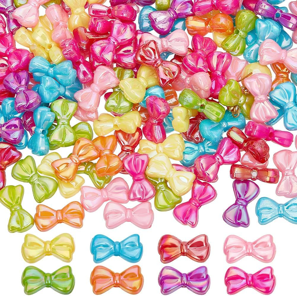 200Pcs Bowknot Beads Acrylic Bow Bead Bulk Colorful Pink Blue Green Opaque Butte
