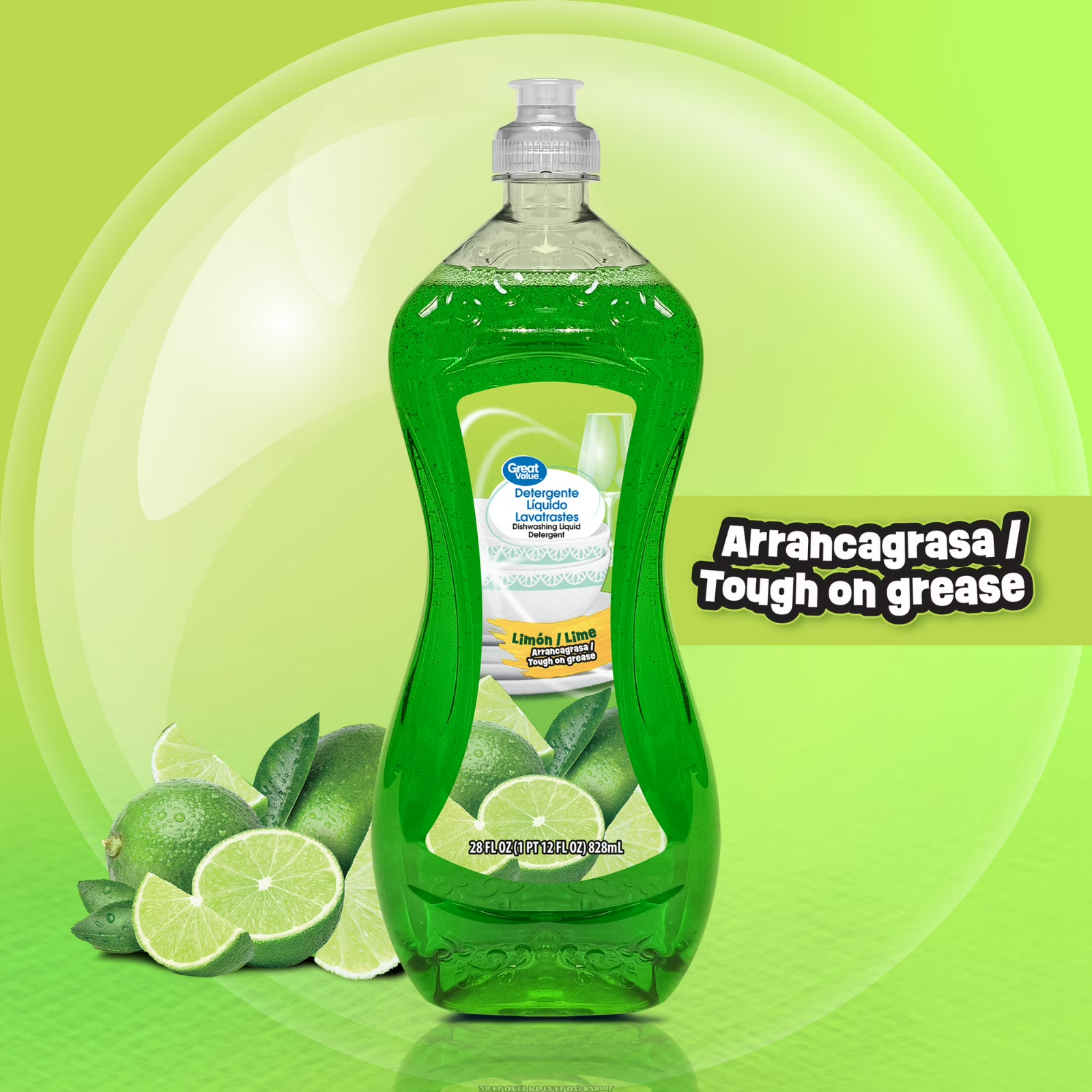 Great Value Dish Washing Liquid Detergent, Limon/Lime, 28 fl oz