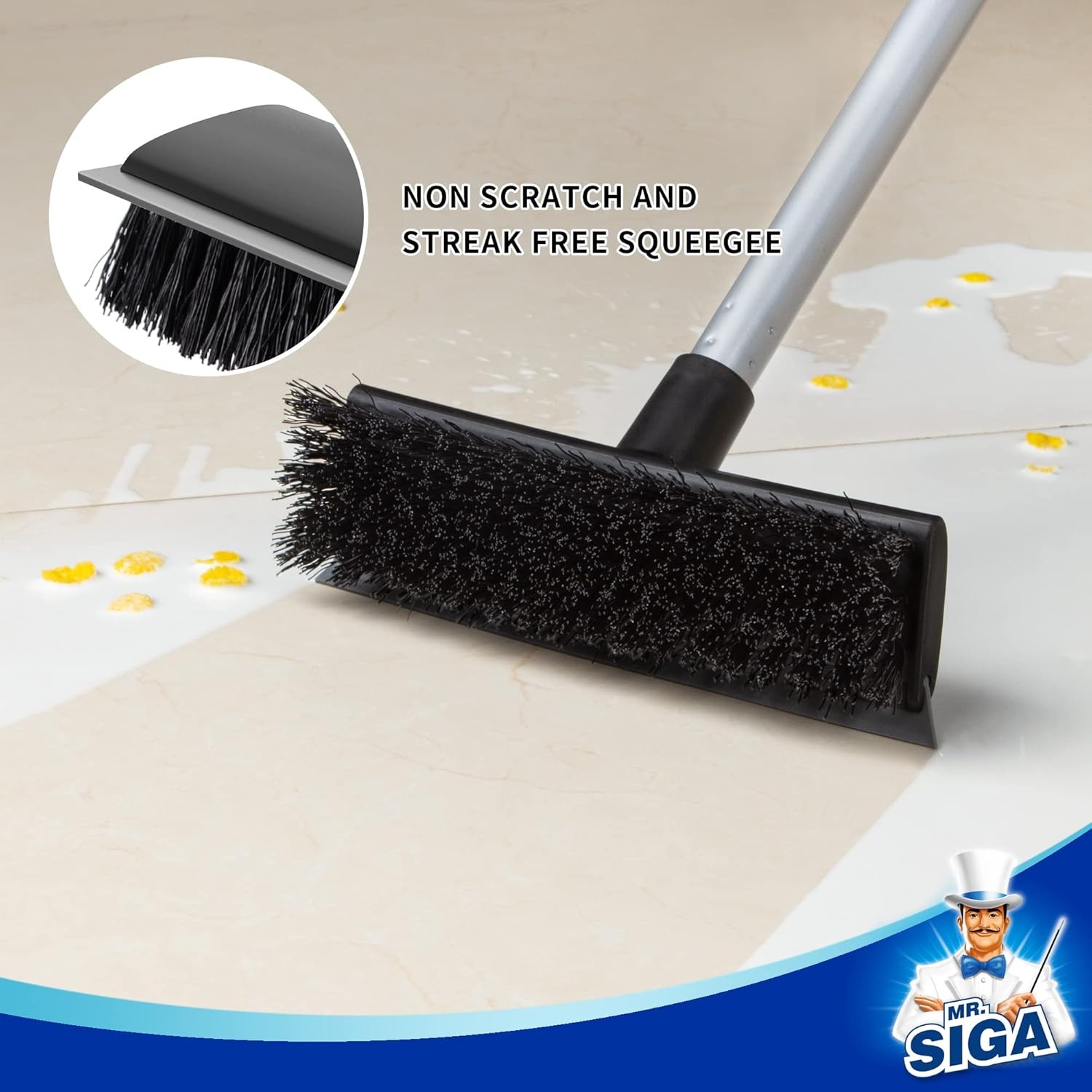 Floor Scrub Brush with Long Handle, 2 in 1 Scrubber and Squeegee。
