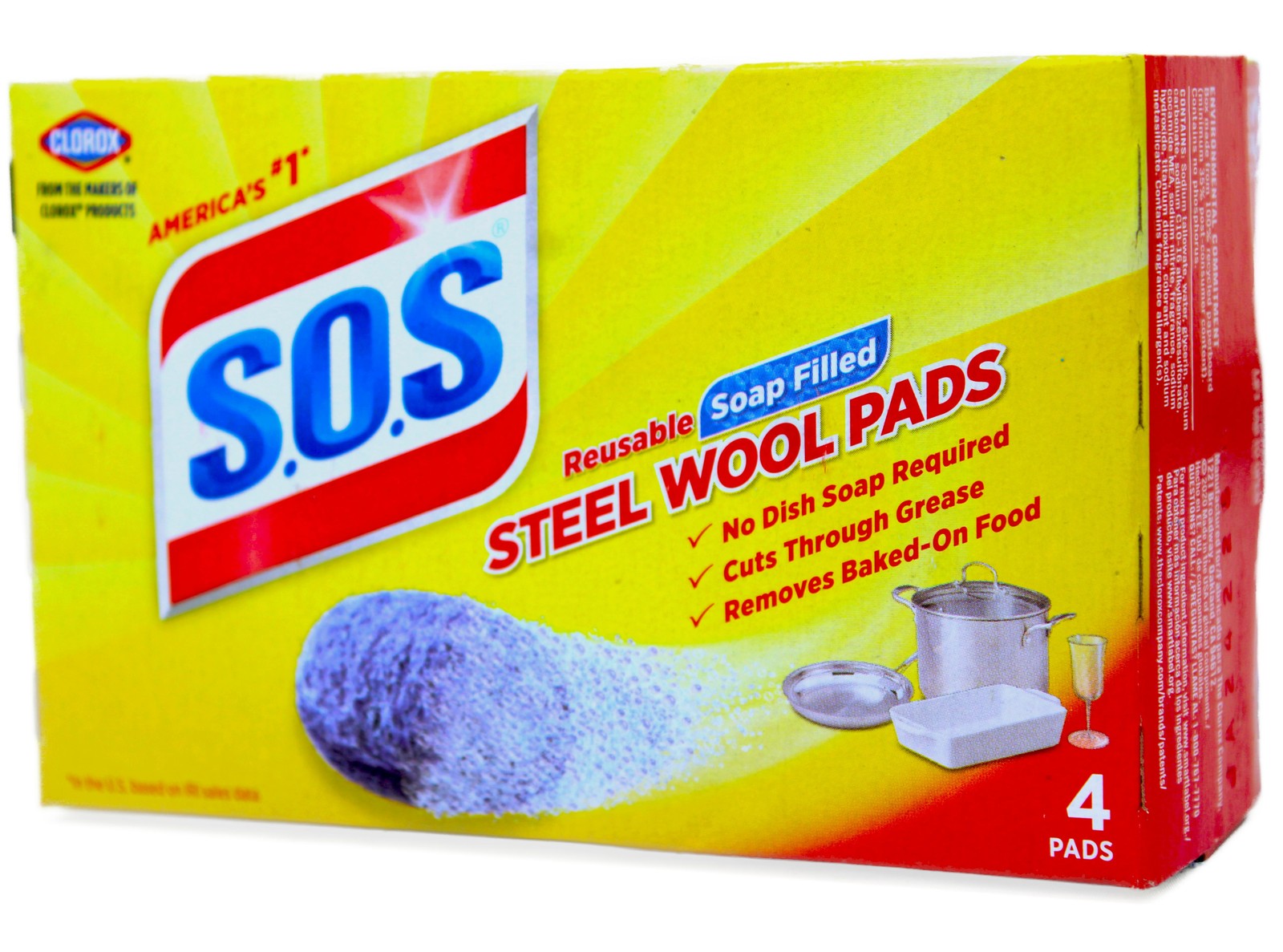 Clorox S.O.S. Steel Wool Soap Pads, Reusable with Anti-Rust Protection, 4 Count