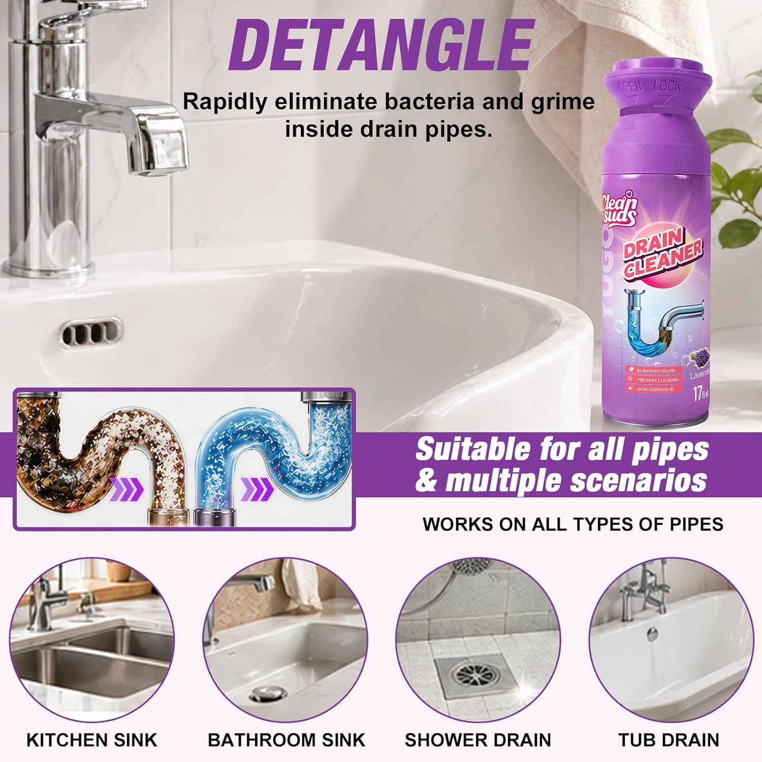 Foaming Sink Drain Cleaner Deodorizer& Clog Remover (Lavender, 2Pcs) | Foaming