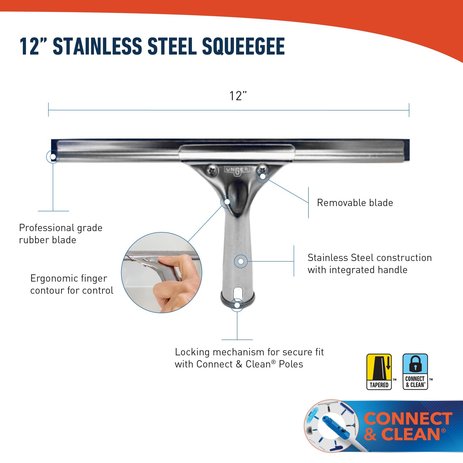 Unger Professional 12″ Glass Squeegee Silver Streak Free Window Cleaning Tool